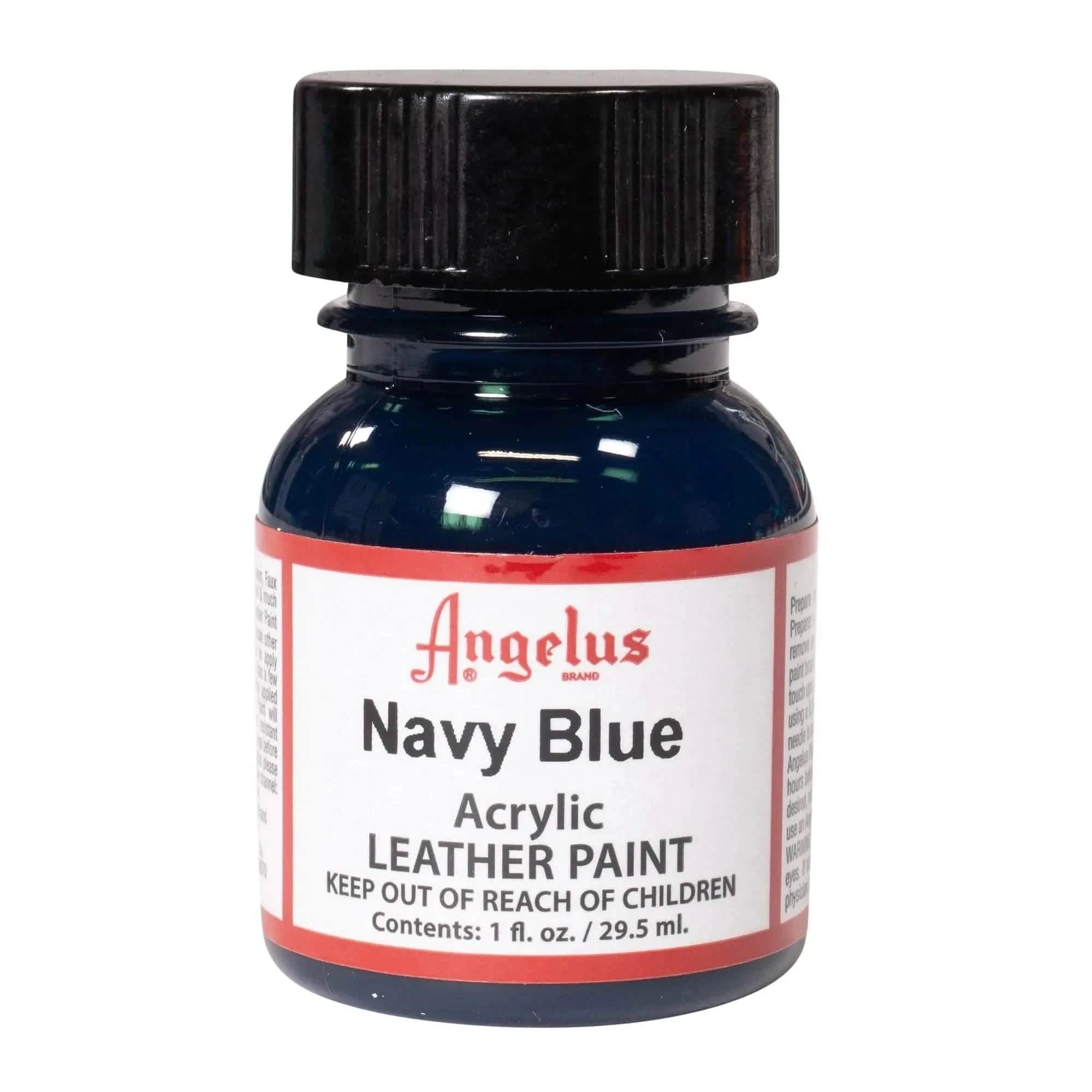 Technical view of a bottle of Angelus Navy Blue Acrylic Leather Paint with professional gold labeling.