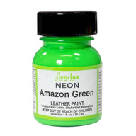 Technical view of a bottle of Angelus Neon Amazon Green Acrylic Leather Paint with professional gold labeling.