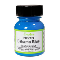 Technical view of a bottle of Angelus Neon Bahama Blue Acrylic Leather Paint with professional gold labeling.