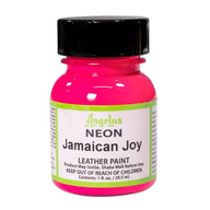 Technical view of a bottle of Angelus Neon Jamaican Joy Acrylic Leather Paint with professional gold labeling.