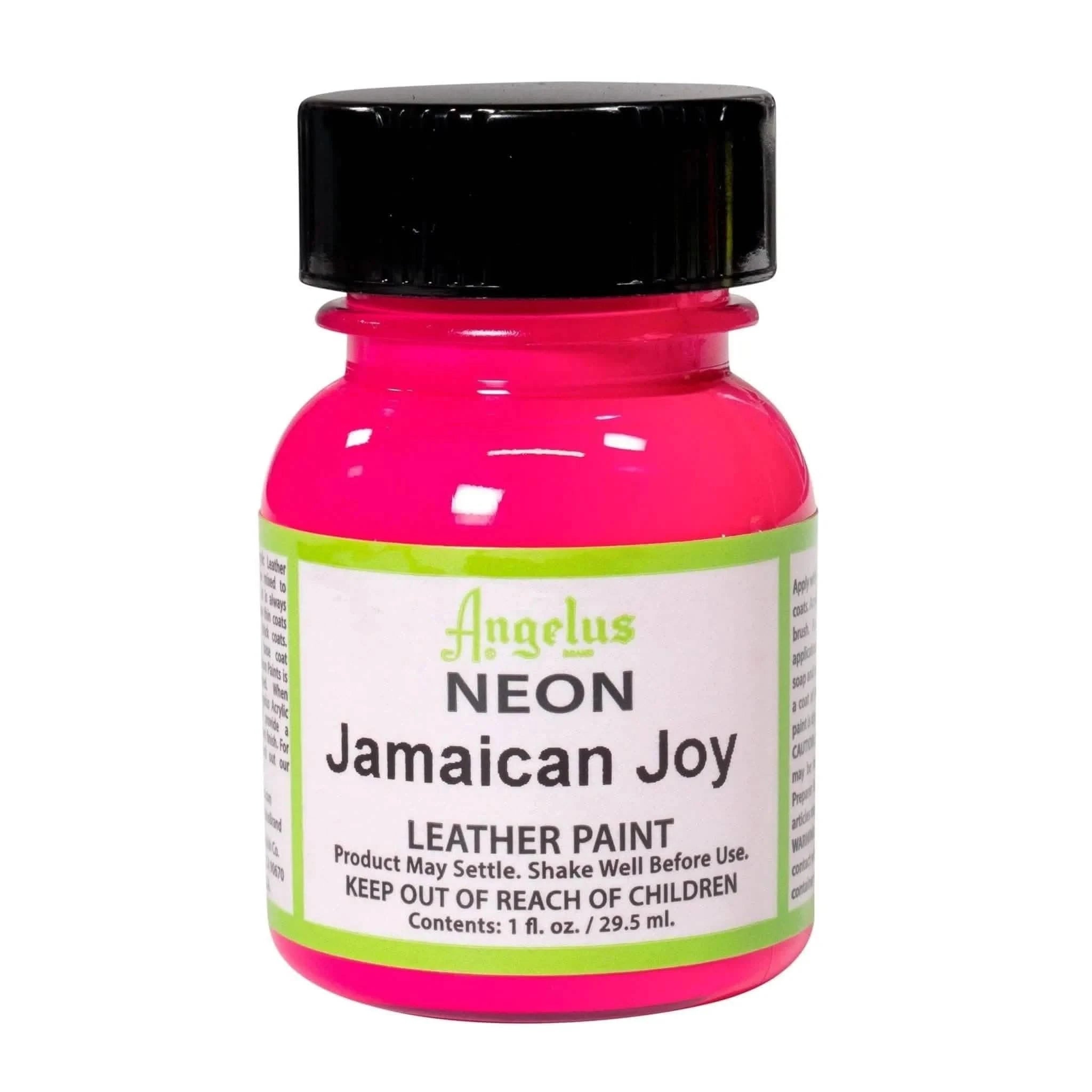 Technical view of a bottle of Angelus Neon Jamaican Joy Acrylic Leather Paint with professional gold labeling.
