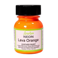 Technical view of a bottle of Angelus Neon Lava Orange Acrylic Leather Paint with professional gold labeling.