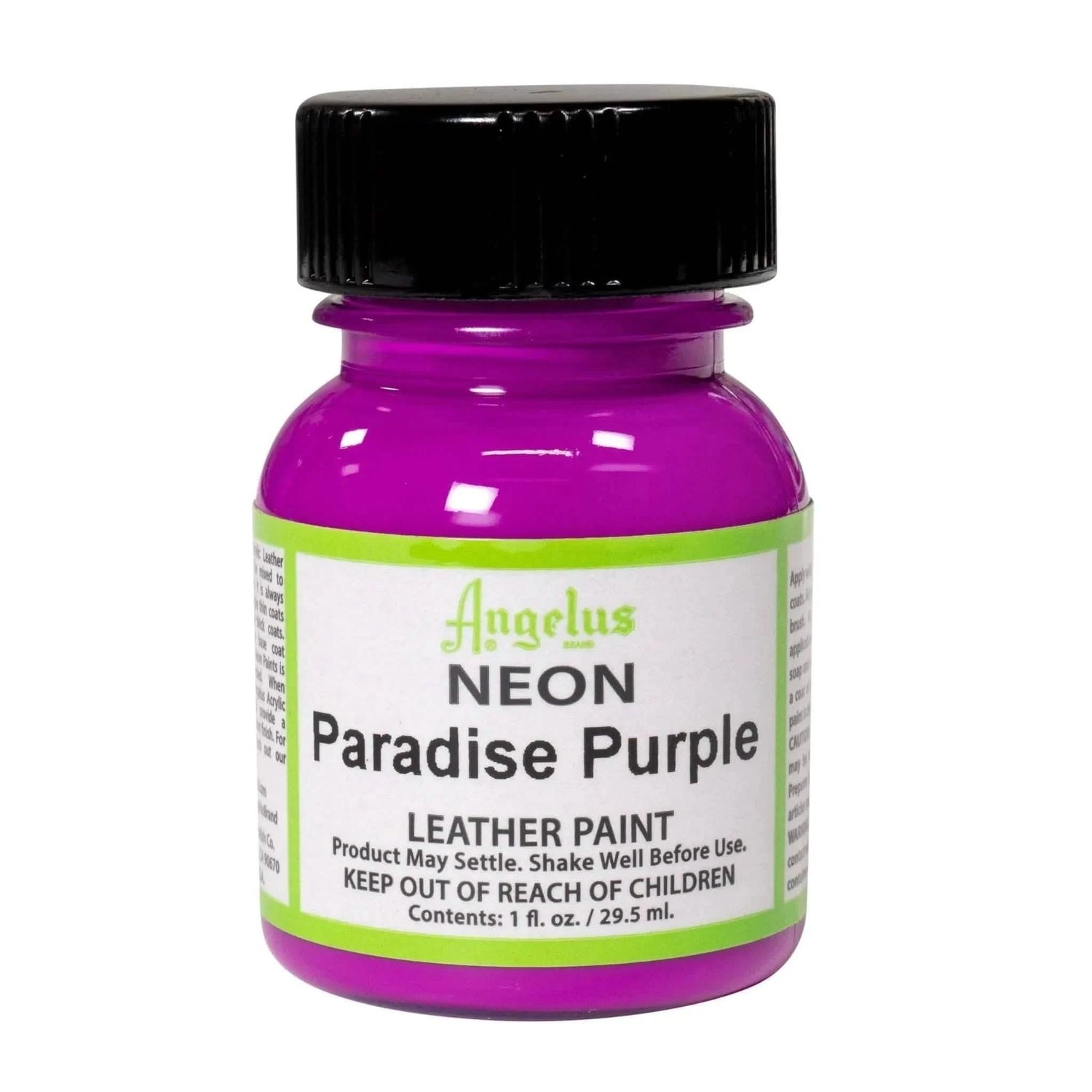 Technical view of a bottle of Angelus Neon Paradise Purple Acrylic Leather Paint with professional gold labeling.