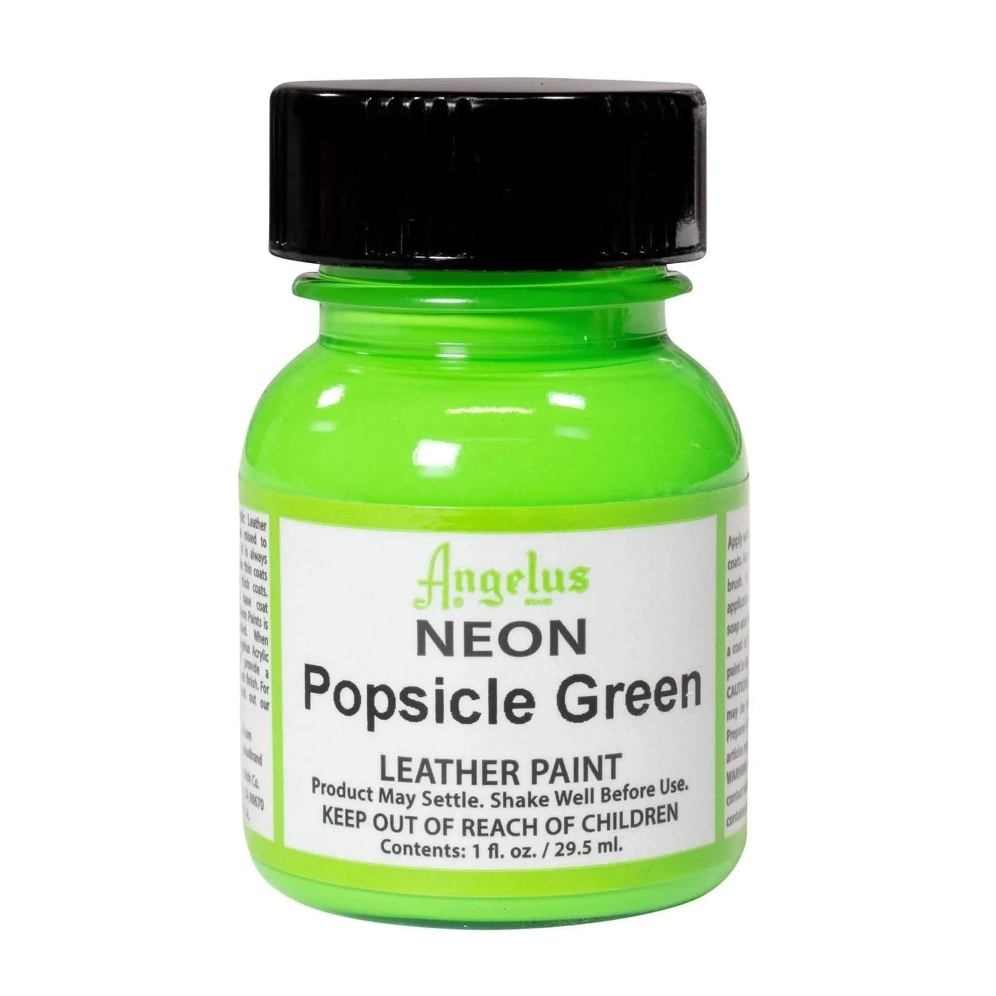 Technical view of a bottle of Angelus Neon Popsicle Green Acrylic Leather Paint with professional gold labeling.