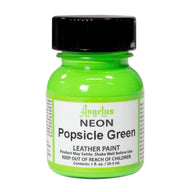 Technical view of a bottle of Angelus Neon Popsicle Green Acrylic Leather Paint with professional gold labeling.