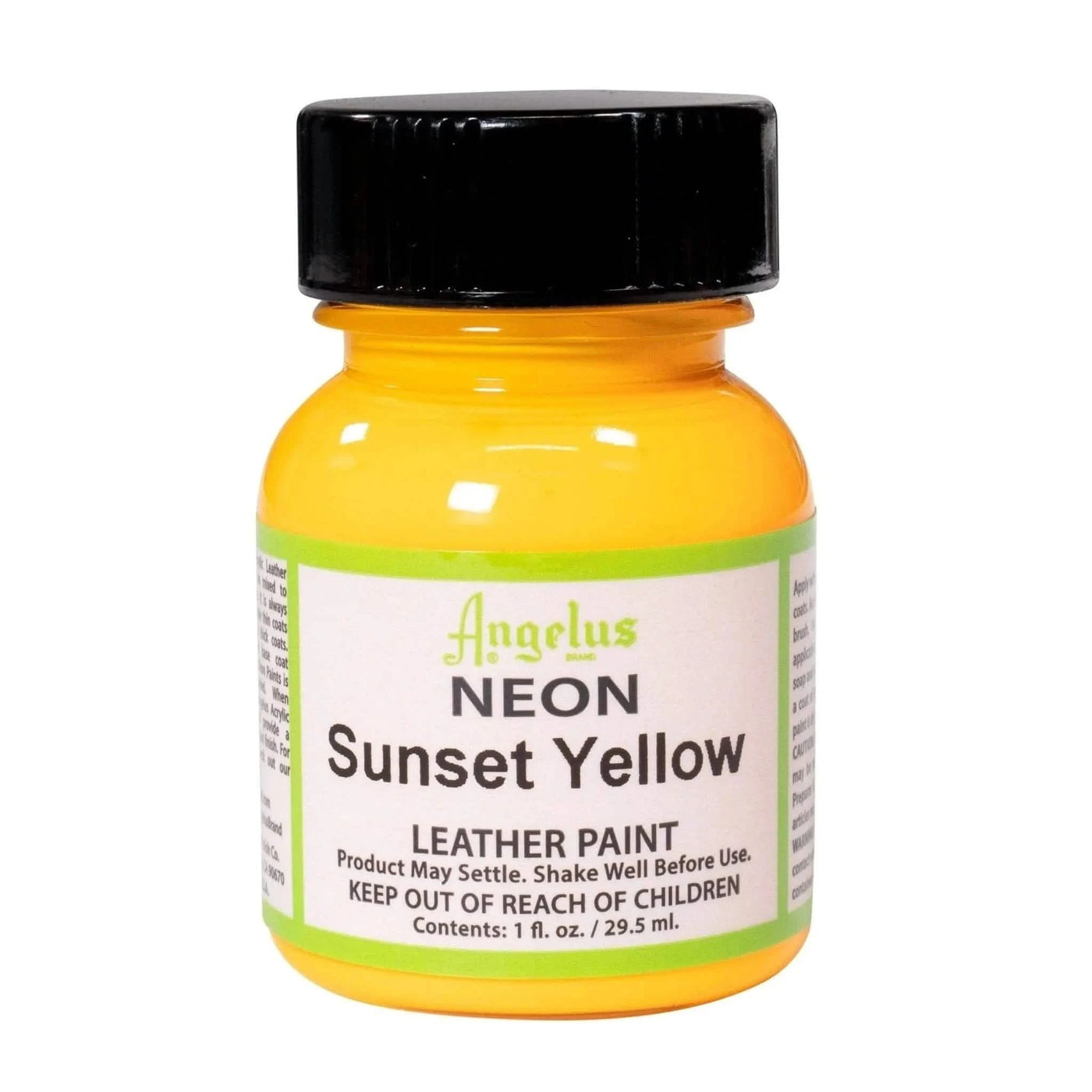 A bottle of Angelus Neon Sunset Yellow Acrylic Leather Paint with the signature gold branding and high-visibility yellow liquid visible.