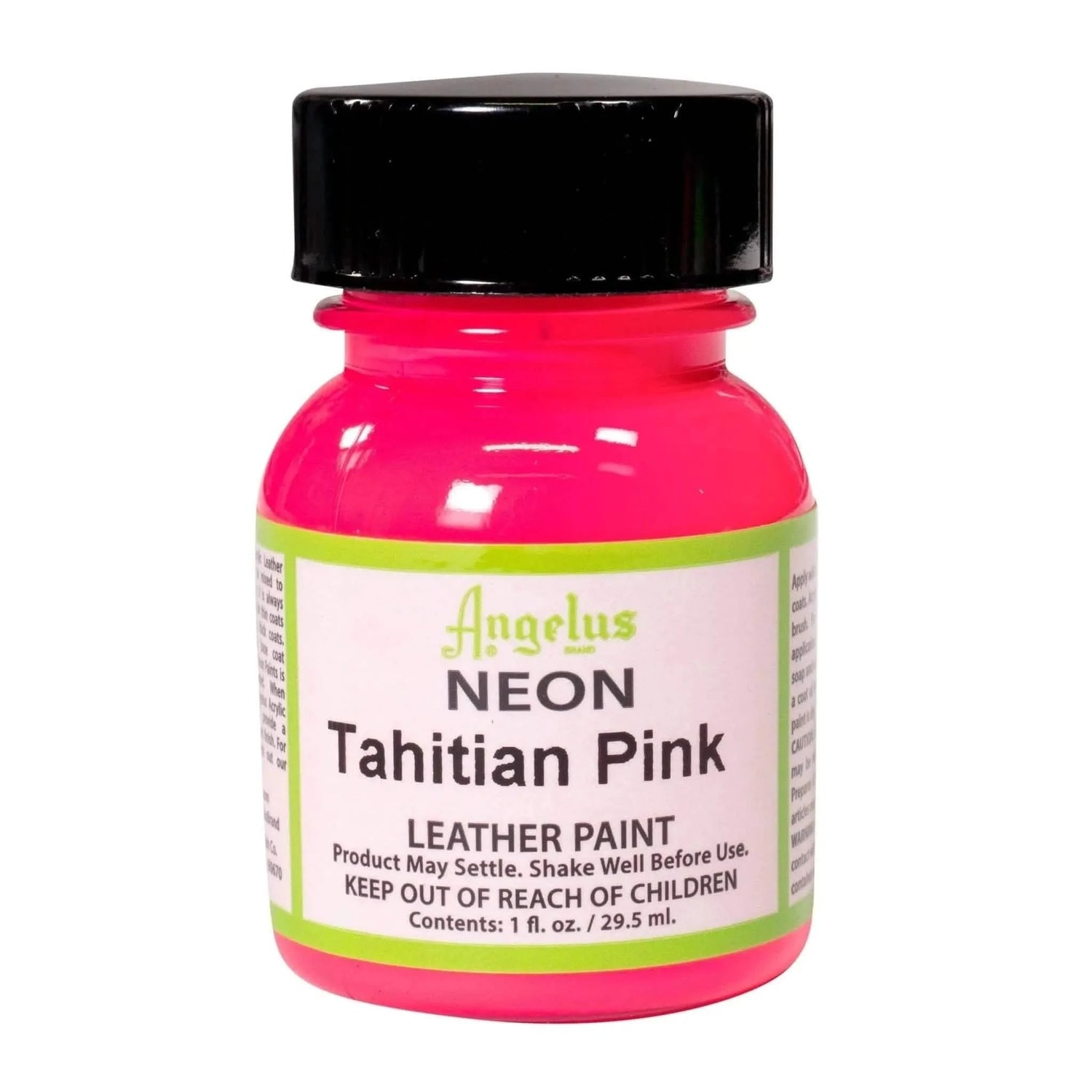 Technical view of a bottle of Angelus Neon Tahitian Pink Acrylic Leather Paint with professional gold labeling.