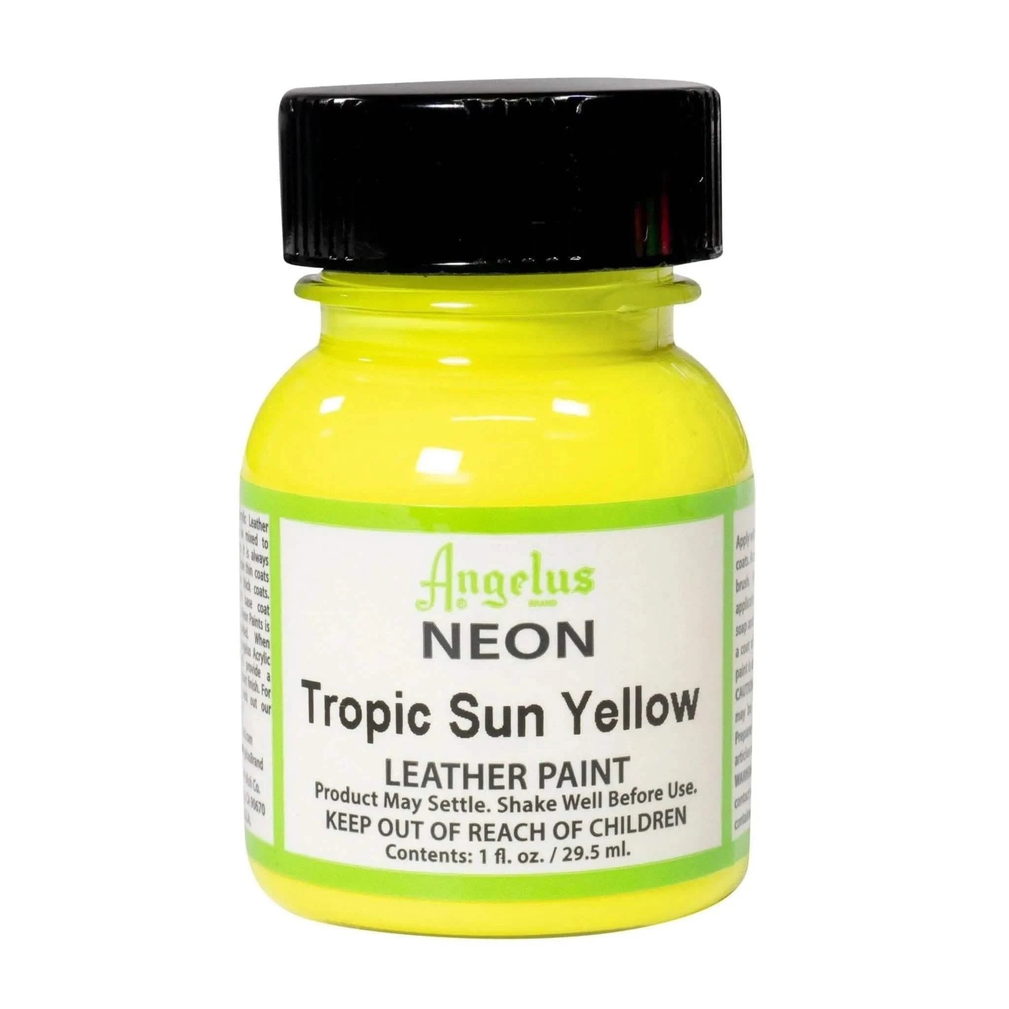 Technical view of a bottle of Angelus Neon Tropic Sun Yellow Acrylic Leather Paint with professional gold labeling.