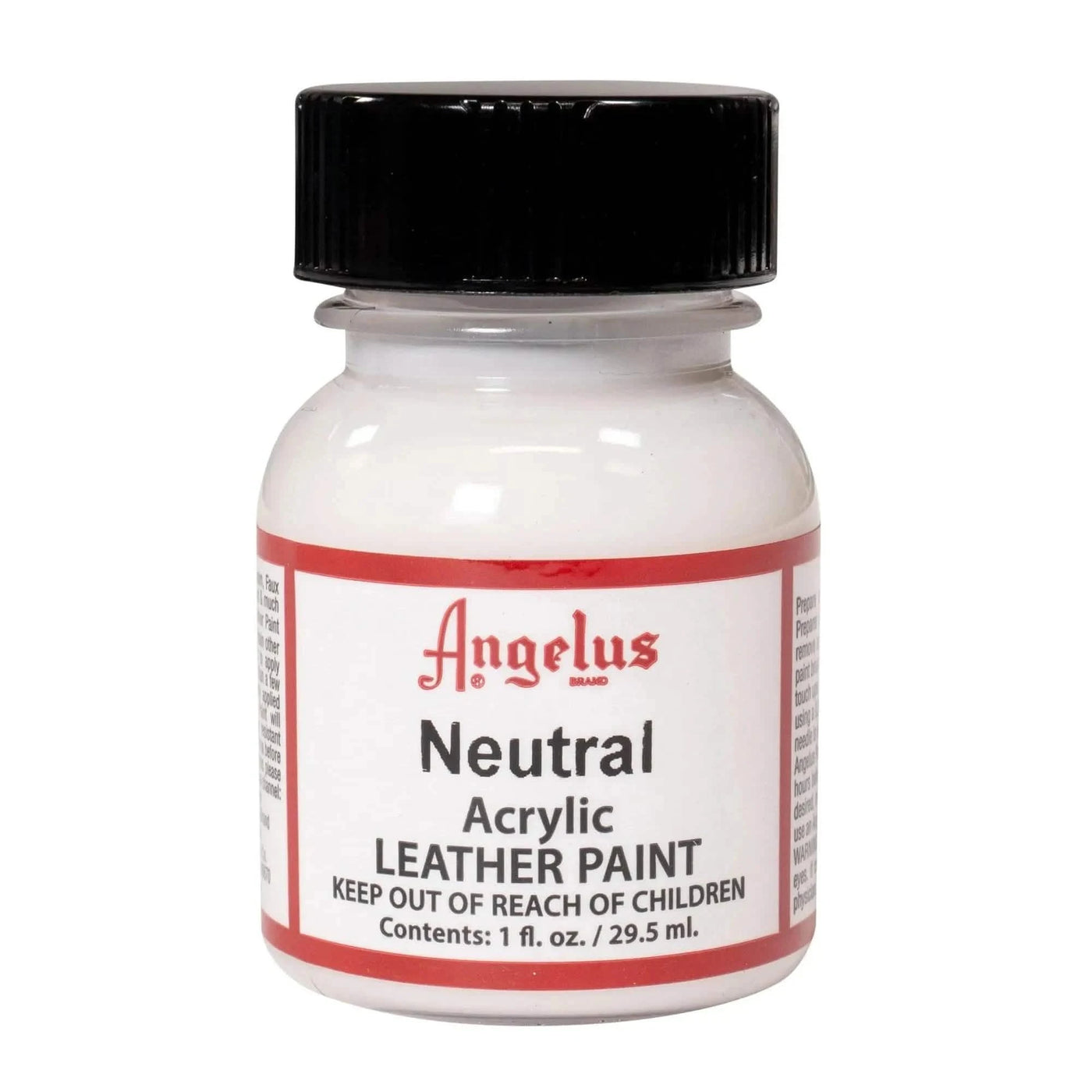 Technical view of a bottle of Angelus Neutral Acrylic Leather Paint with professional gold labeling.