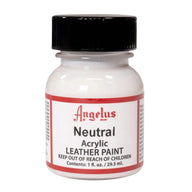 Technical view of a bottle of Angelus Neutral Acrylic Leather Paint with professional gold labeling.