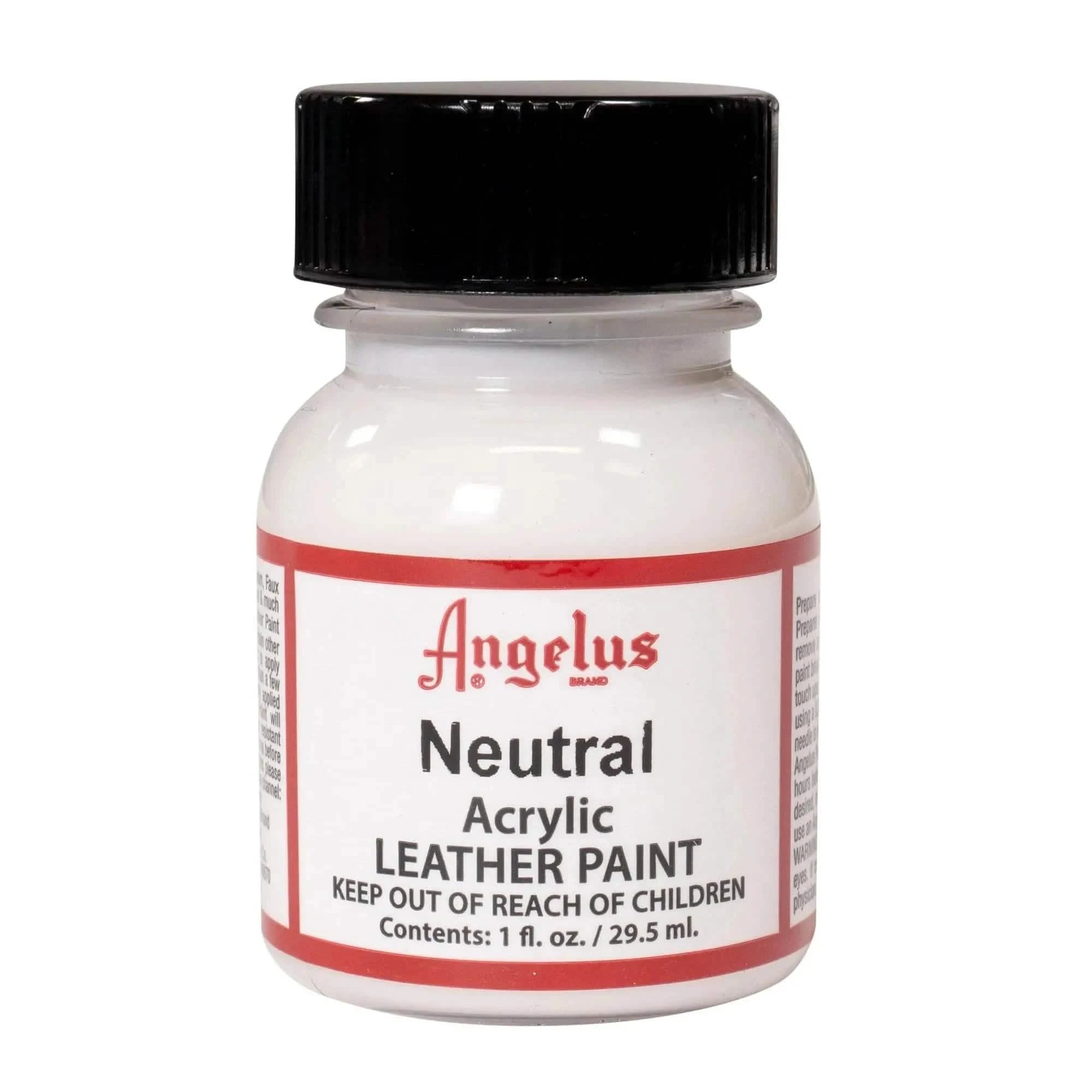 Technical view of a bottle of Angelus Neutral Acrylic Leather Paint with professional gold labeling.