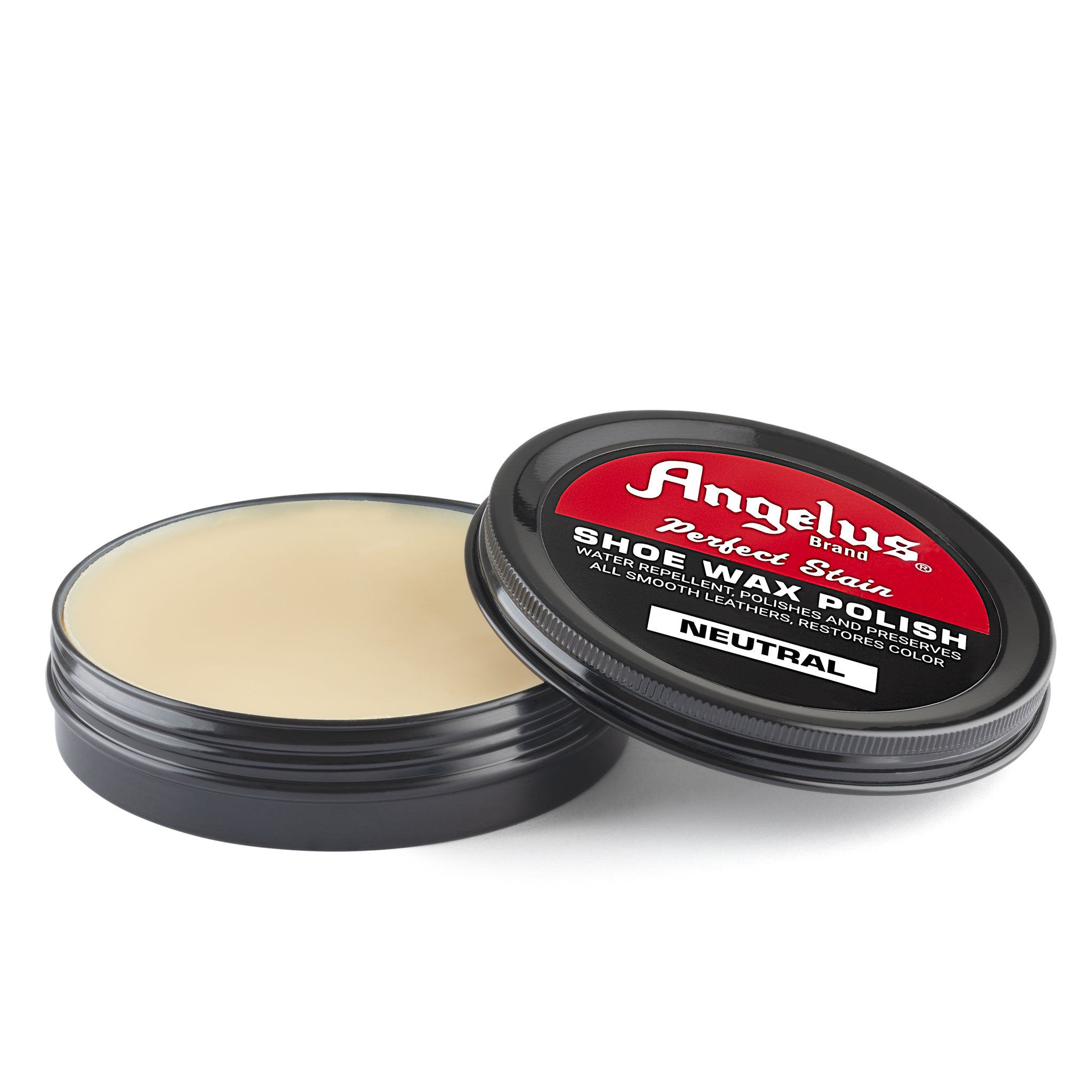 Angelus Neutral Shoe Wax Polish - 3/4 angle view of open clear wax tin