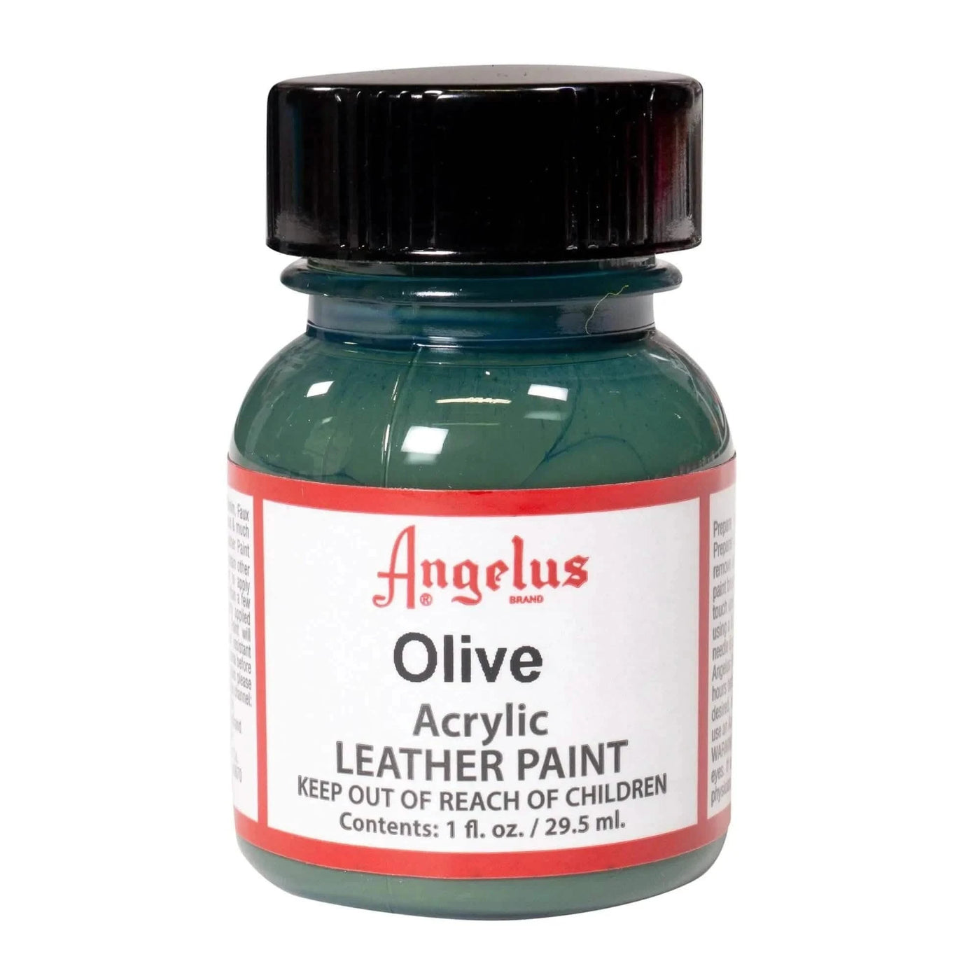 Technical view of a bottle of Angelus Olive Acrylic Leather Paint with professional gold labeling.