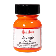 A 1 oz bottle of Angelus Orange Acrylic Leather Paint with the signature gold brand label and white cap.
