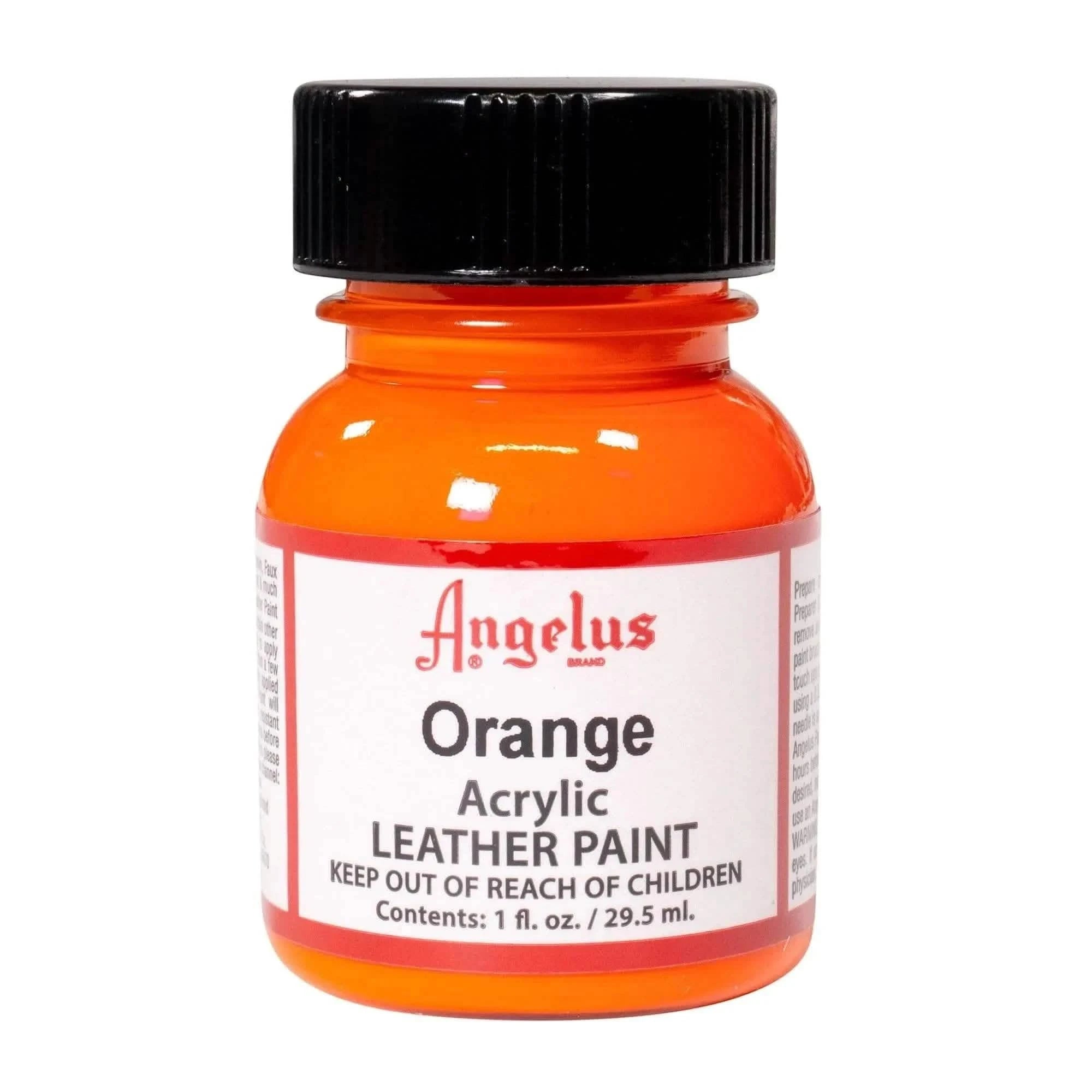 A 1 oz bottle of Angelus Orange Acrylic Leather Paint with the signature gold brand label and white cap.