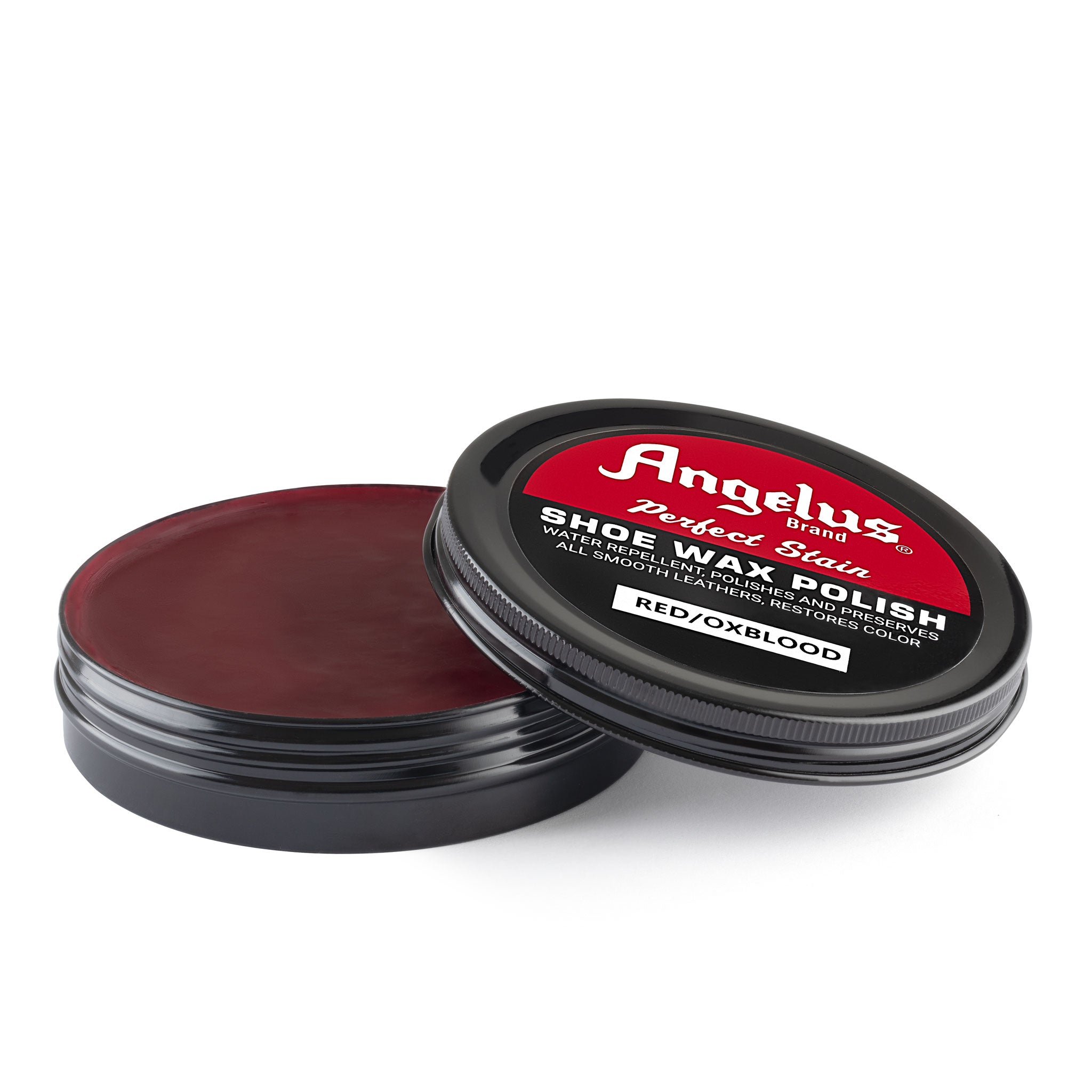 Angelus Red/Oxblood Shoe Wax Polish - 3/4 angle view of open oxblood wax tin