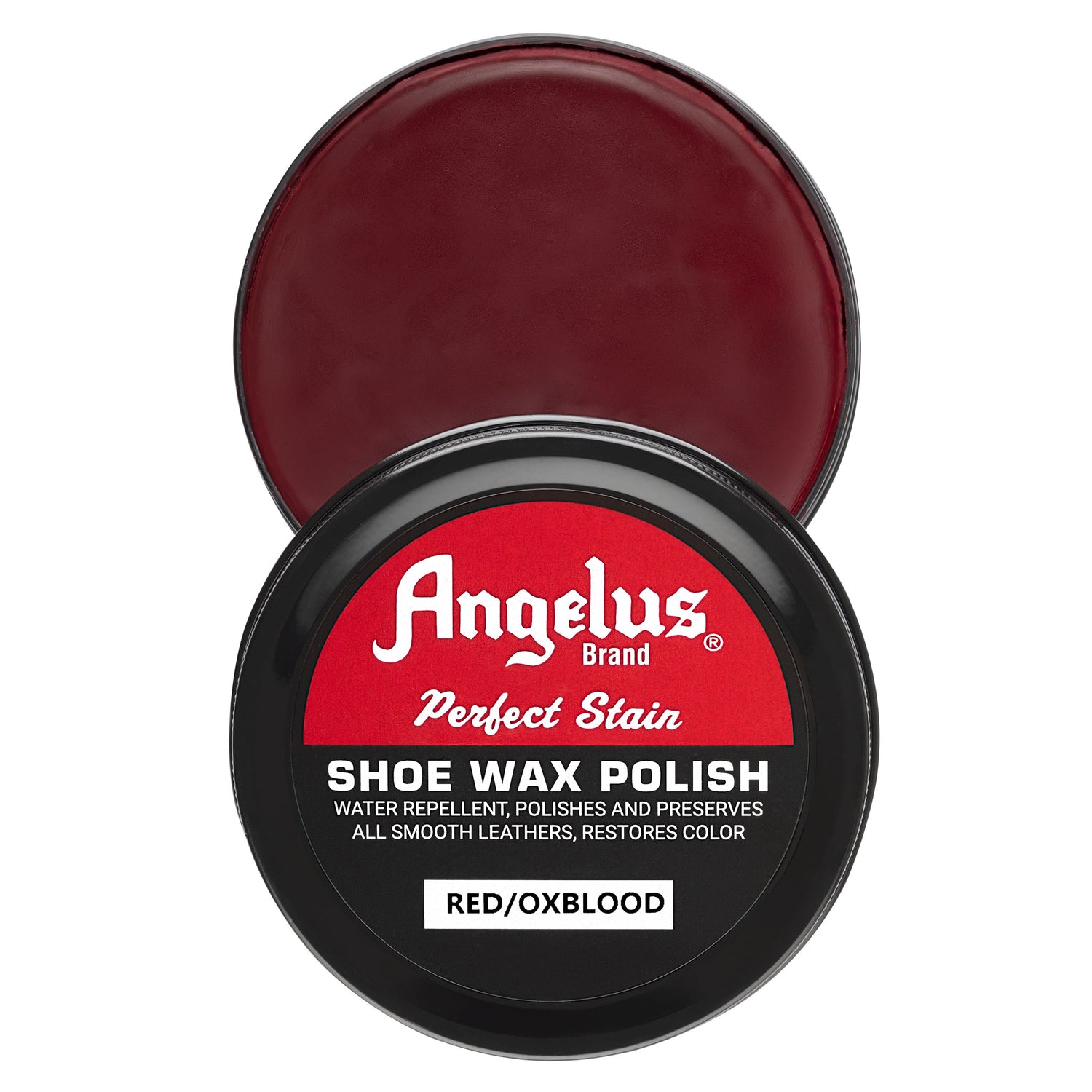 Angelus Red/Oxblood Shoe Wax Polish - Top view showing rich oxblood wax color
