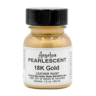 Technical view of an Angelus Pearlescent 18K Gold Acrylic Leather Paint bottle with professional gold labeling.