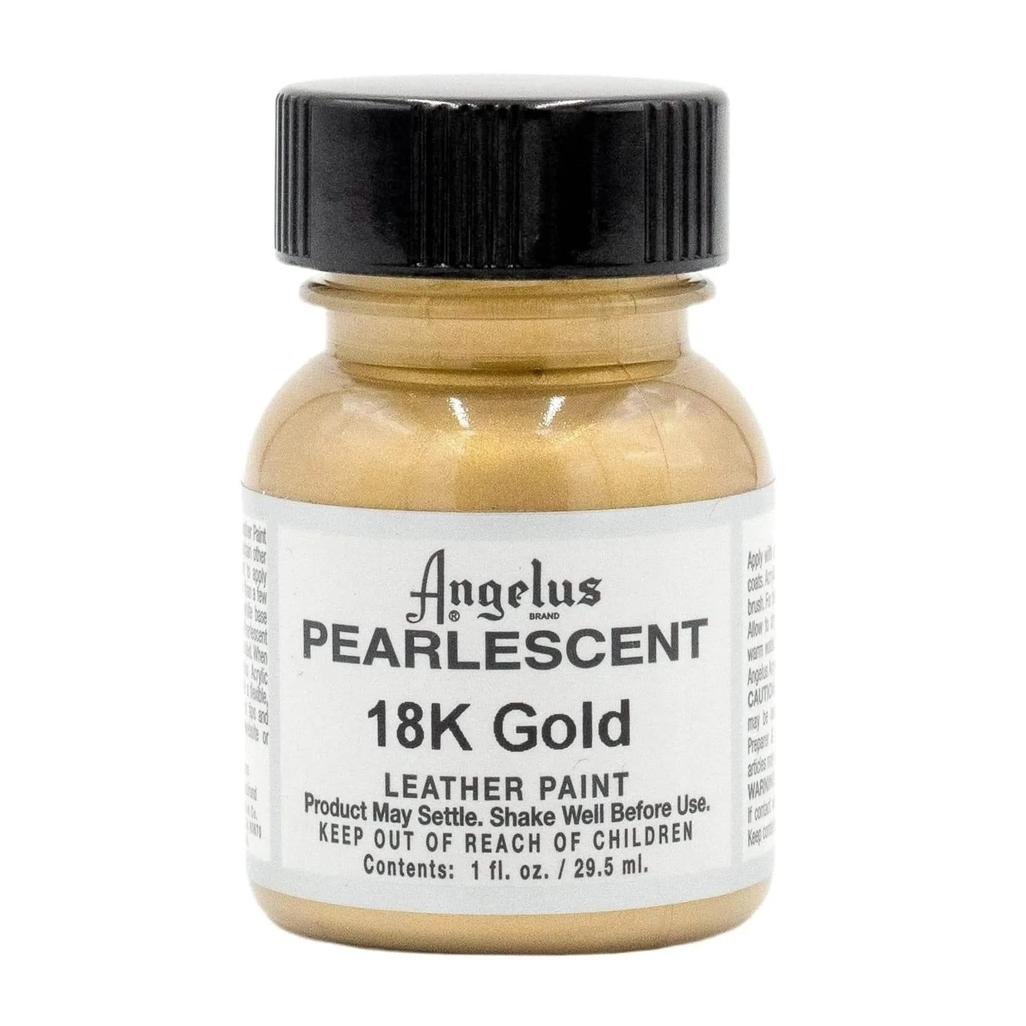 Technical view of an Angelus Pearlescent 18K Gold Acrylic Leather Paint bottle with professional gold labeling.
