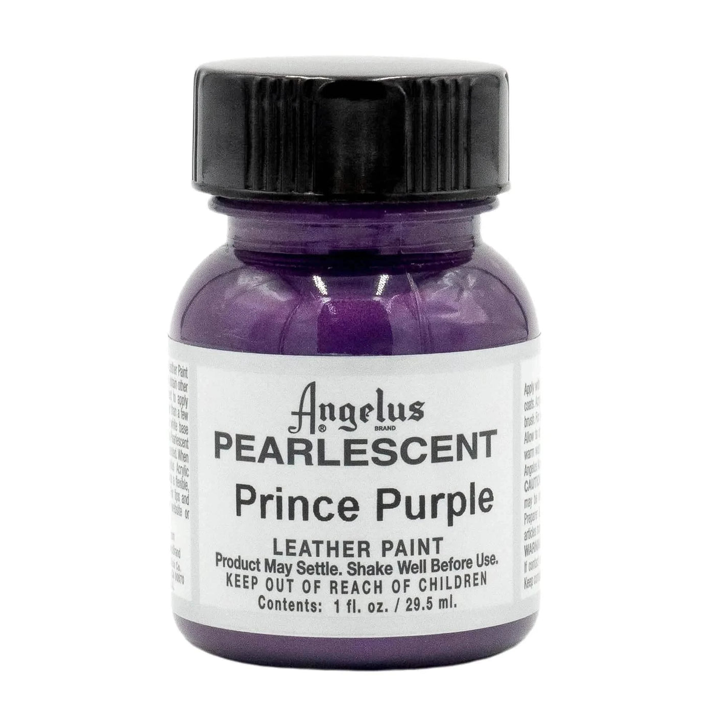 Technical view of a bottle of Angelus Pearlescent Prince Purple Acrylic Leather Paint with professional gold labeling.