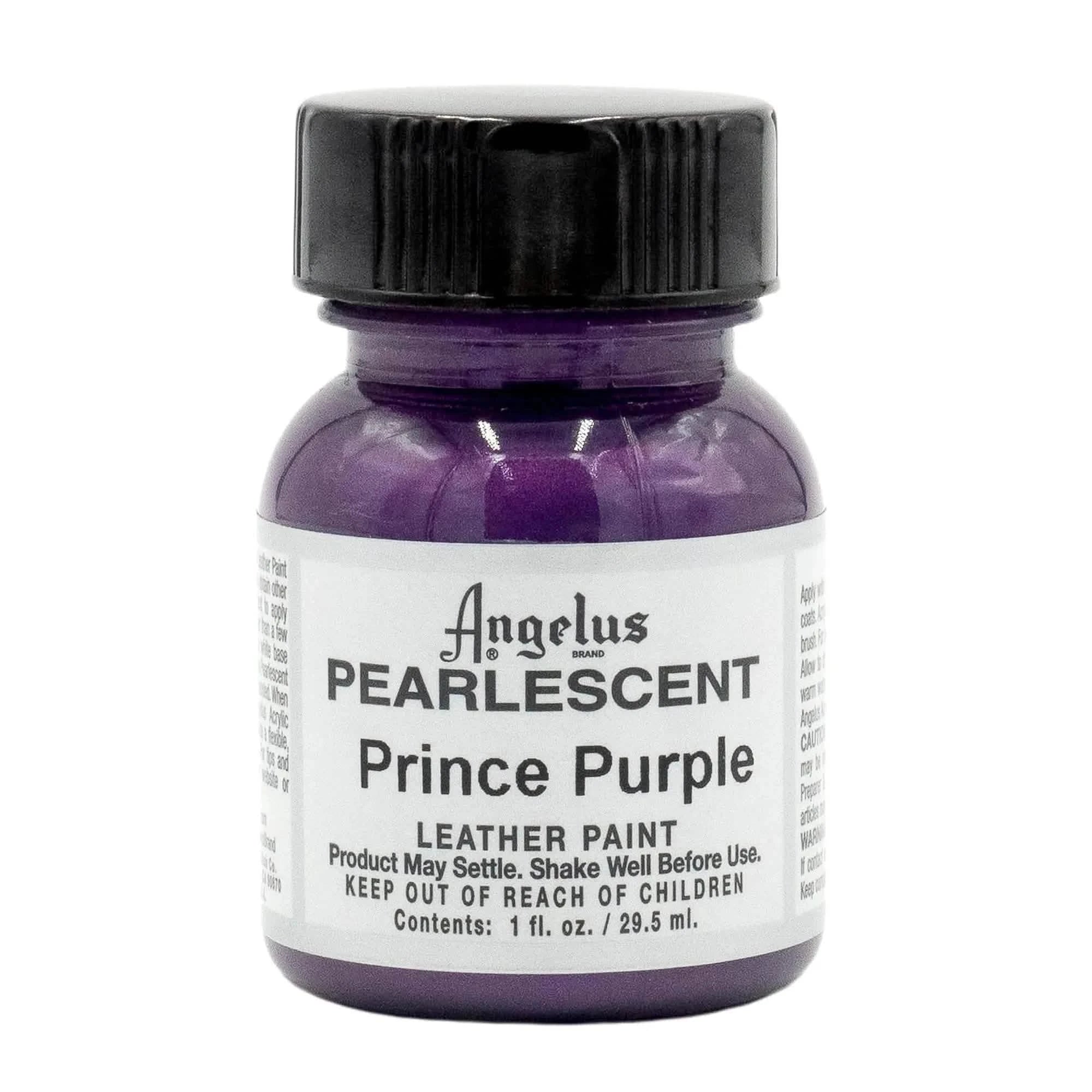 Technical view of a bottle of Angelus Pearlescent Prince Purple Acrylic Leather Paint with professional gold labeling.
