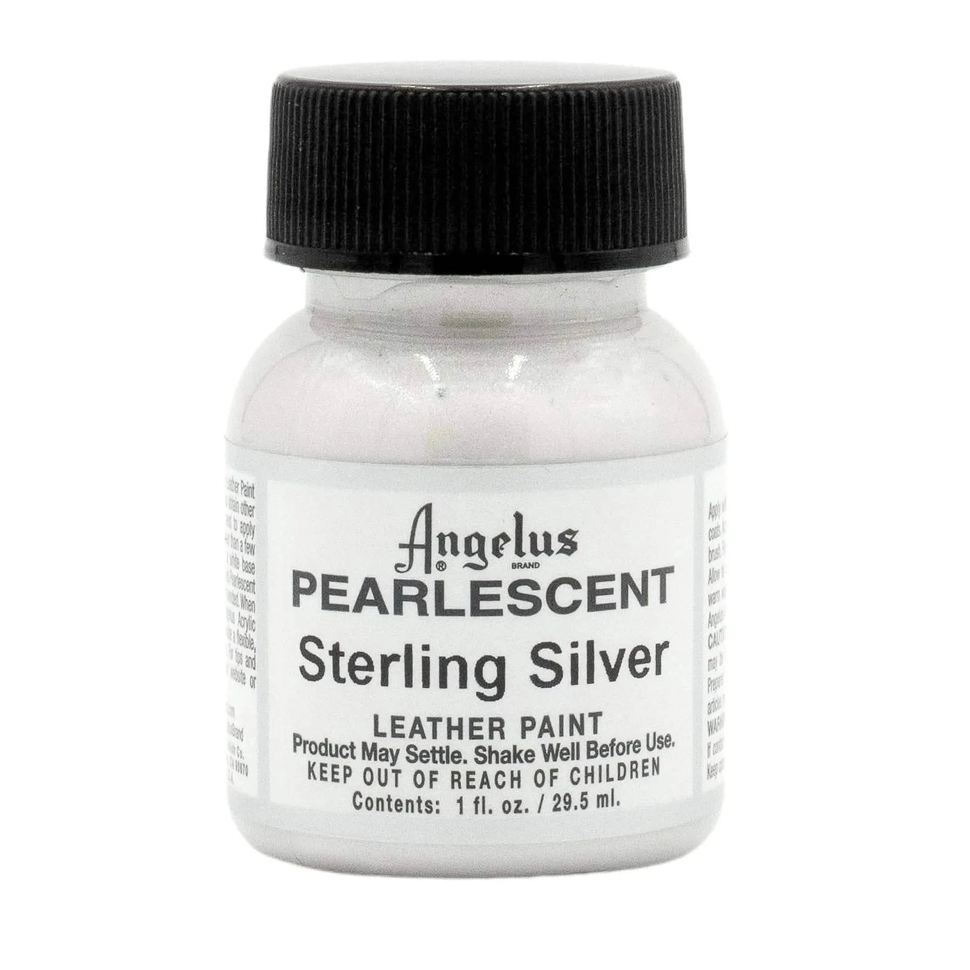 Technical view of a bottle of Angelus Pearlescent Sterling Silver Acrylic Leather Paint with professional gold labeling.