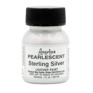 Technical view of a bottle of Angelus Pearlescent Sterling Silver Acrylic Leather Paint with professional gold labeling.