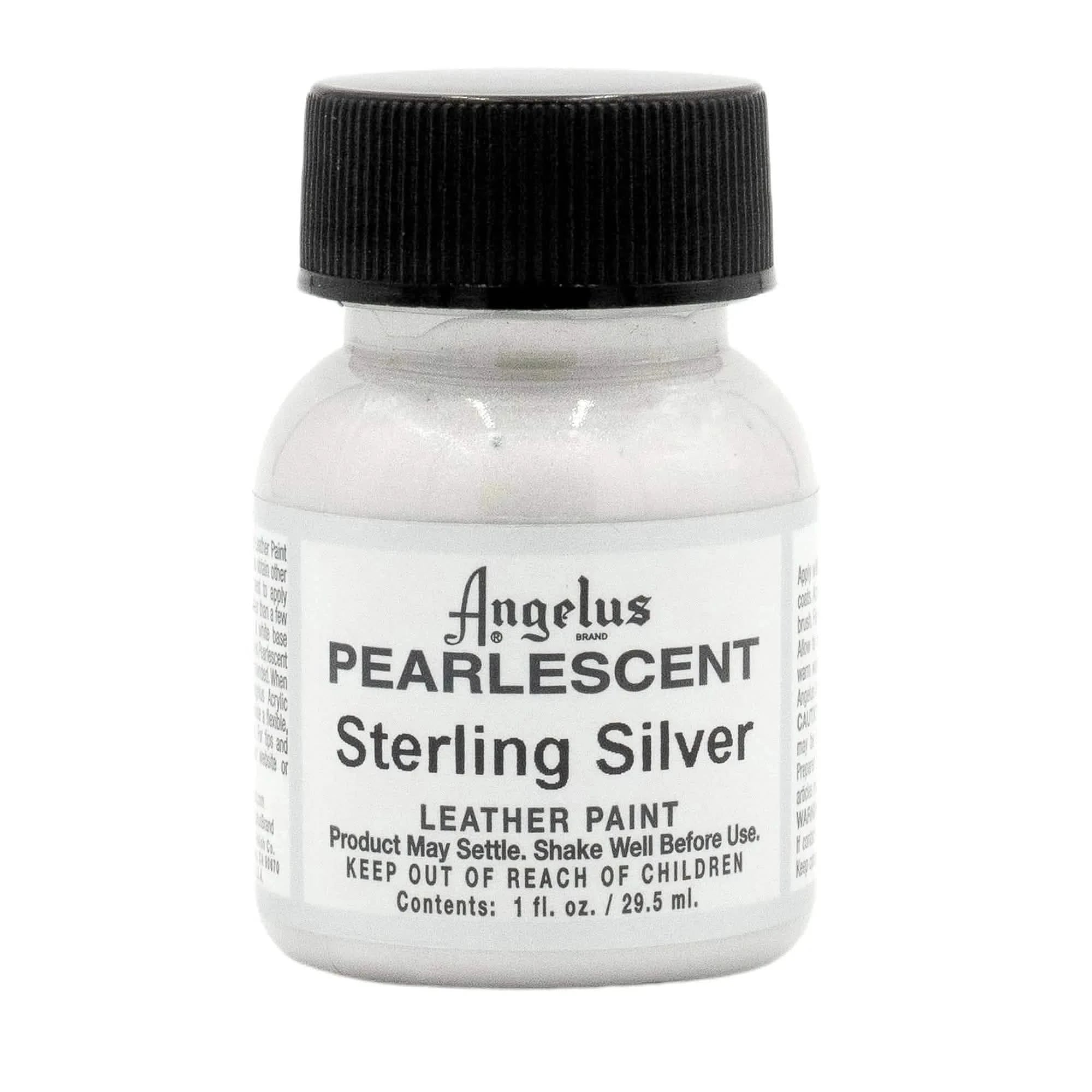 Technical view of a bottle of Angelus Pearlescent Sterling Silver Acrylic Leather Paint with professional gold labeling.