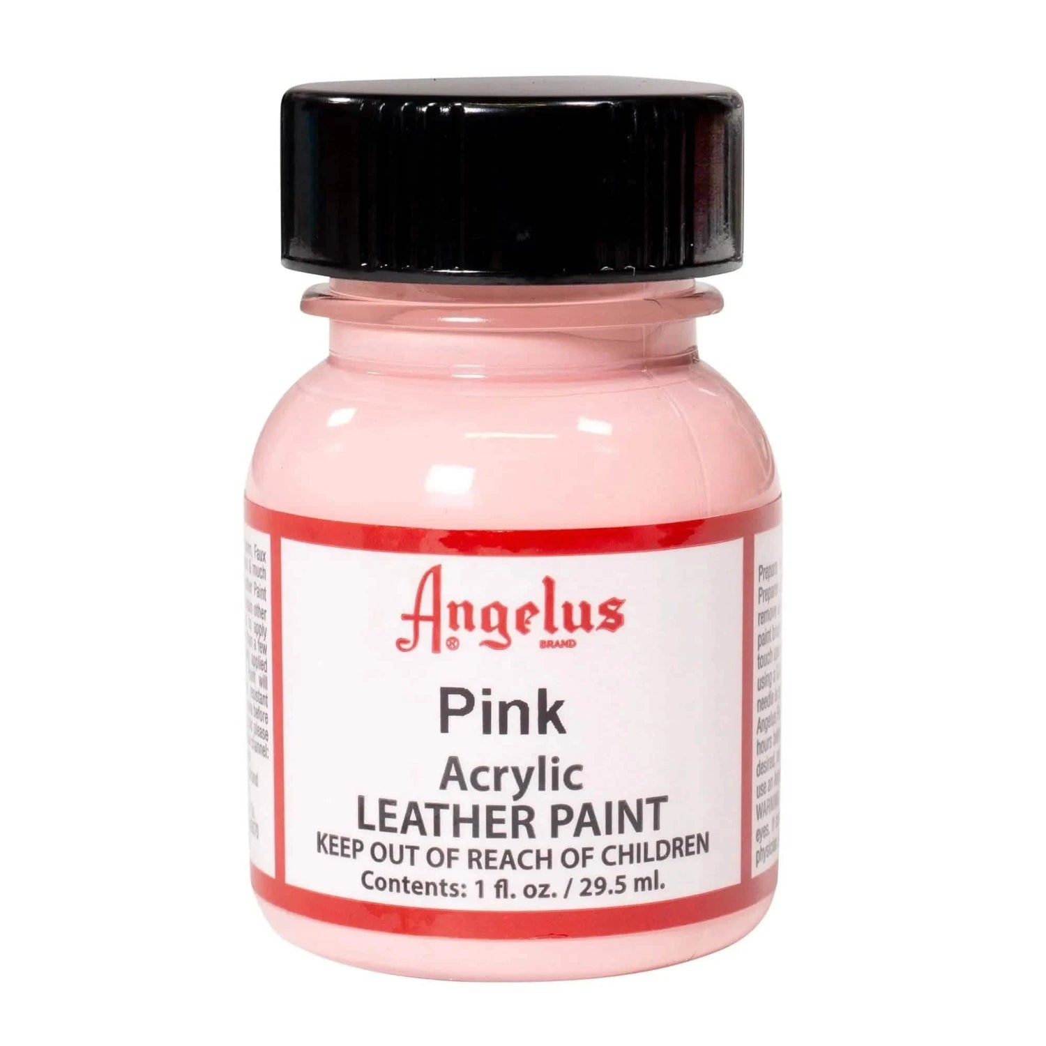 Technical view of a bottle of Angelus Pink Acrylic Leather Paint with professional gold labeling.