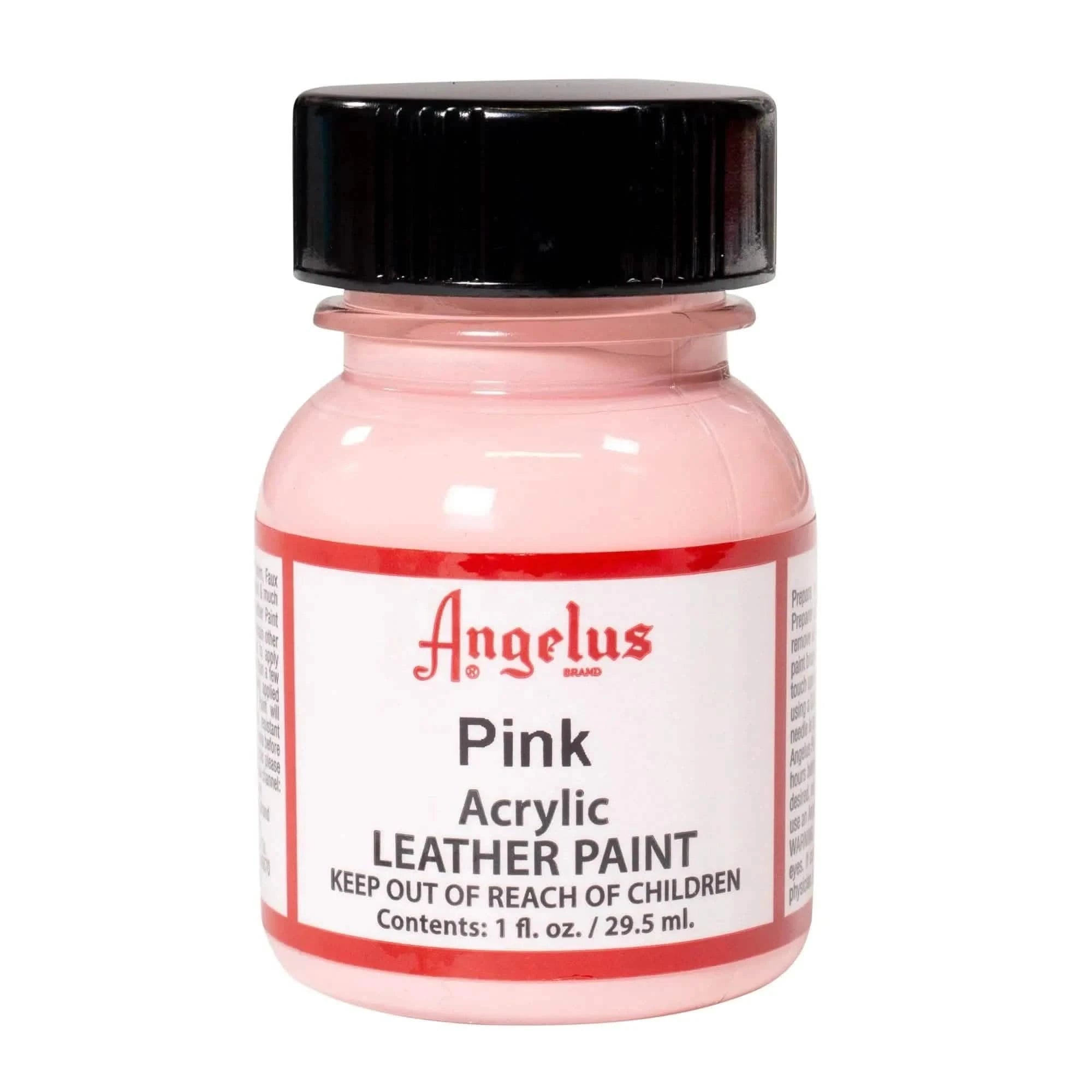 Technical view of a bottle of Angelus Pink Acrylic Leather Paint with professional gold labeling.