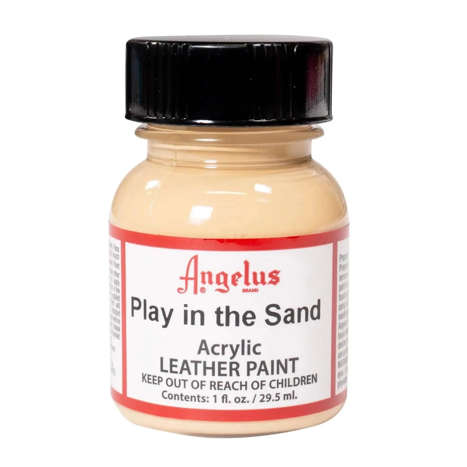 Technical view of a bottle of Angelus Play In The Sand Acrylic Leather Paint with professional gold labeling.