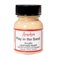 Technical view of a bottle of Angelus Play In The Sand Acrylic Leather Paint with professional gold labeling.