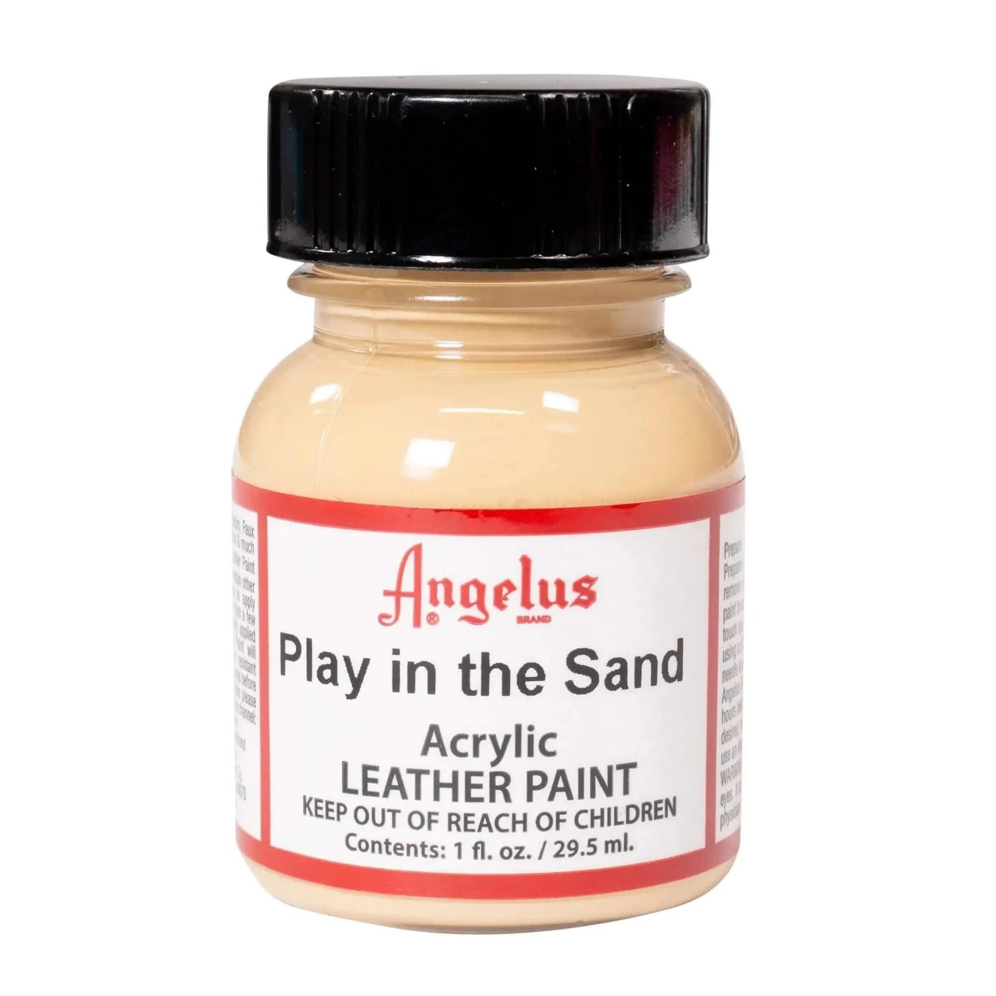 Technical view of a bottle of Angelus Play In The Sand Acrylic Leather Paint with professional gold labeling.