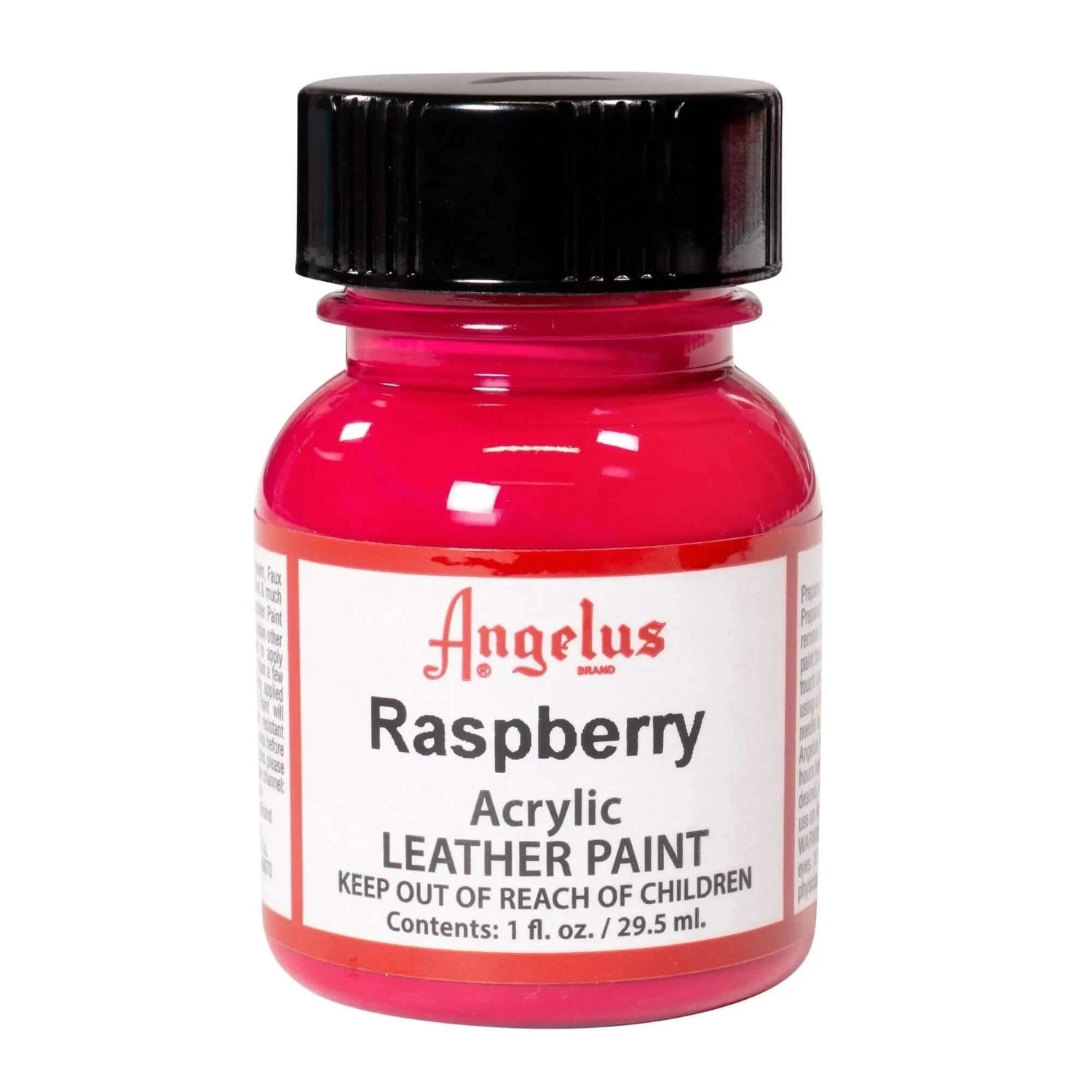 Technical view of a bottle of Angelus Raspberry Acrylic Leather Paint with professional gold labeling.