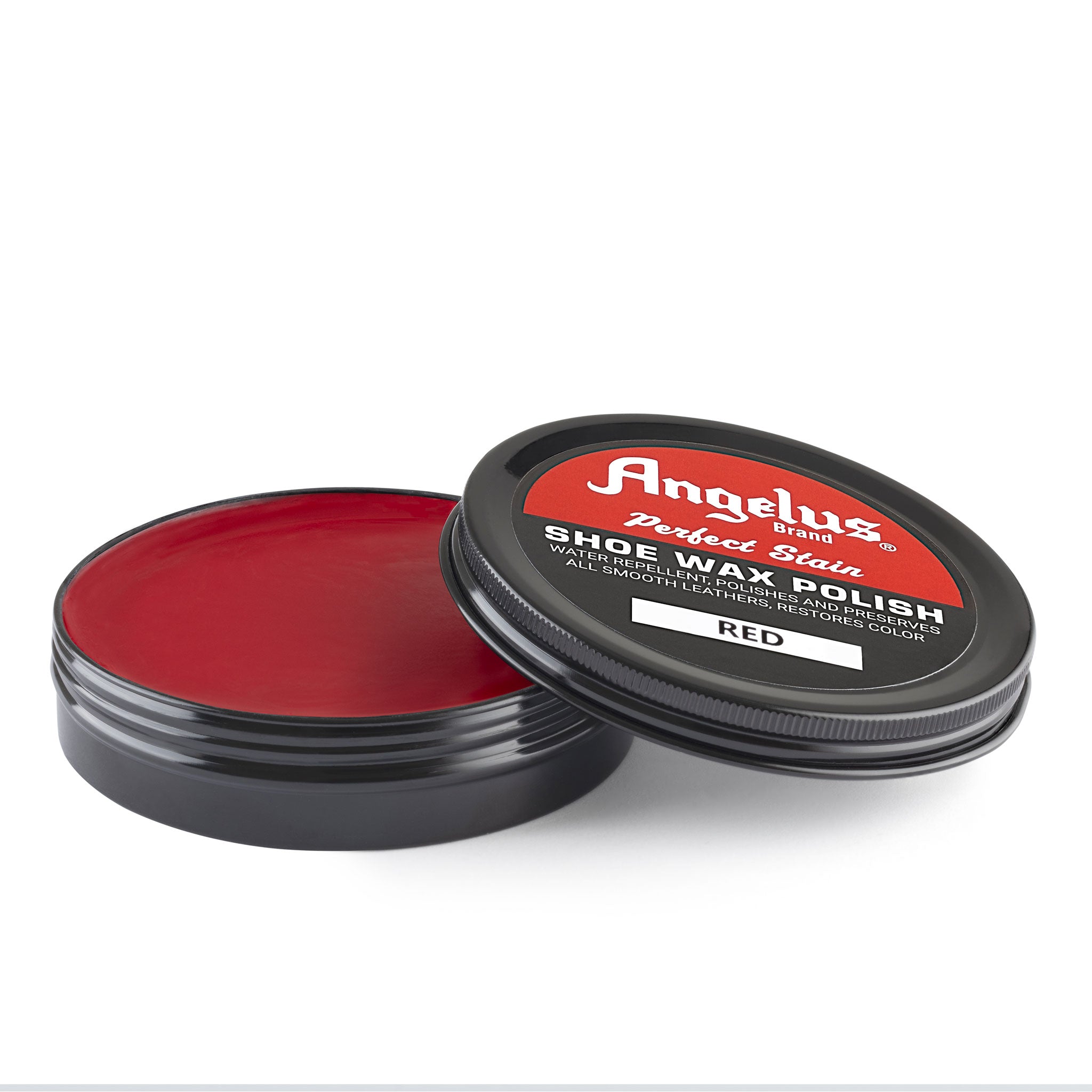 Angelus Red Shoe Wax Polish - 3/4 angle view of open vibrant red wax tin