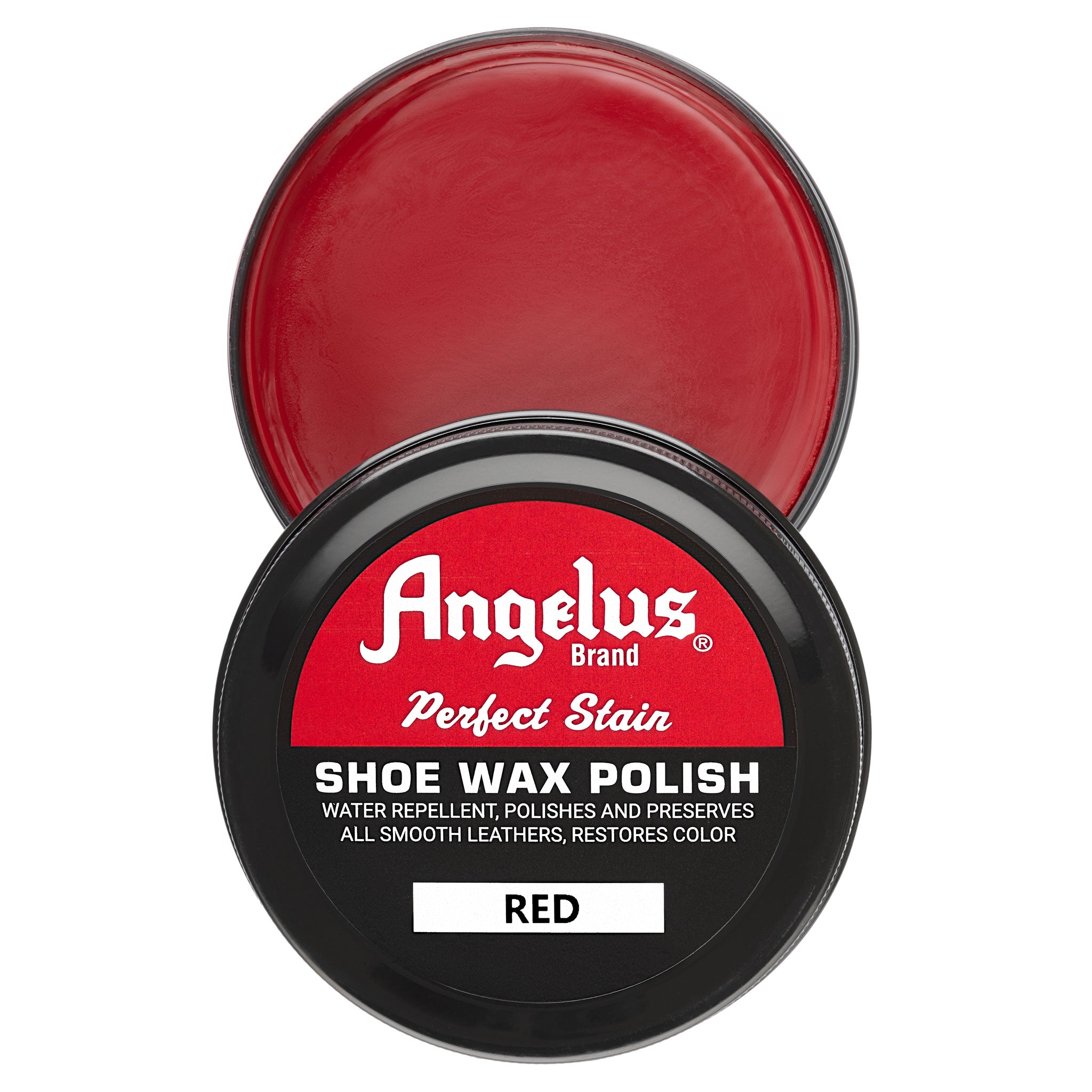 Angelus Red Shoe Wax Polish - Top down view of bright red pigmented wax