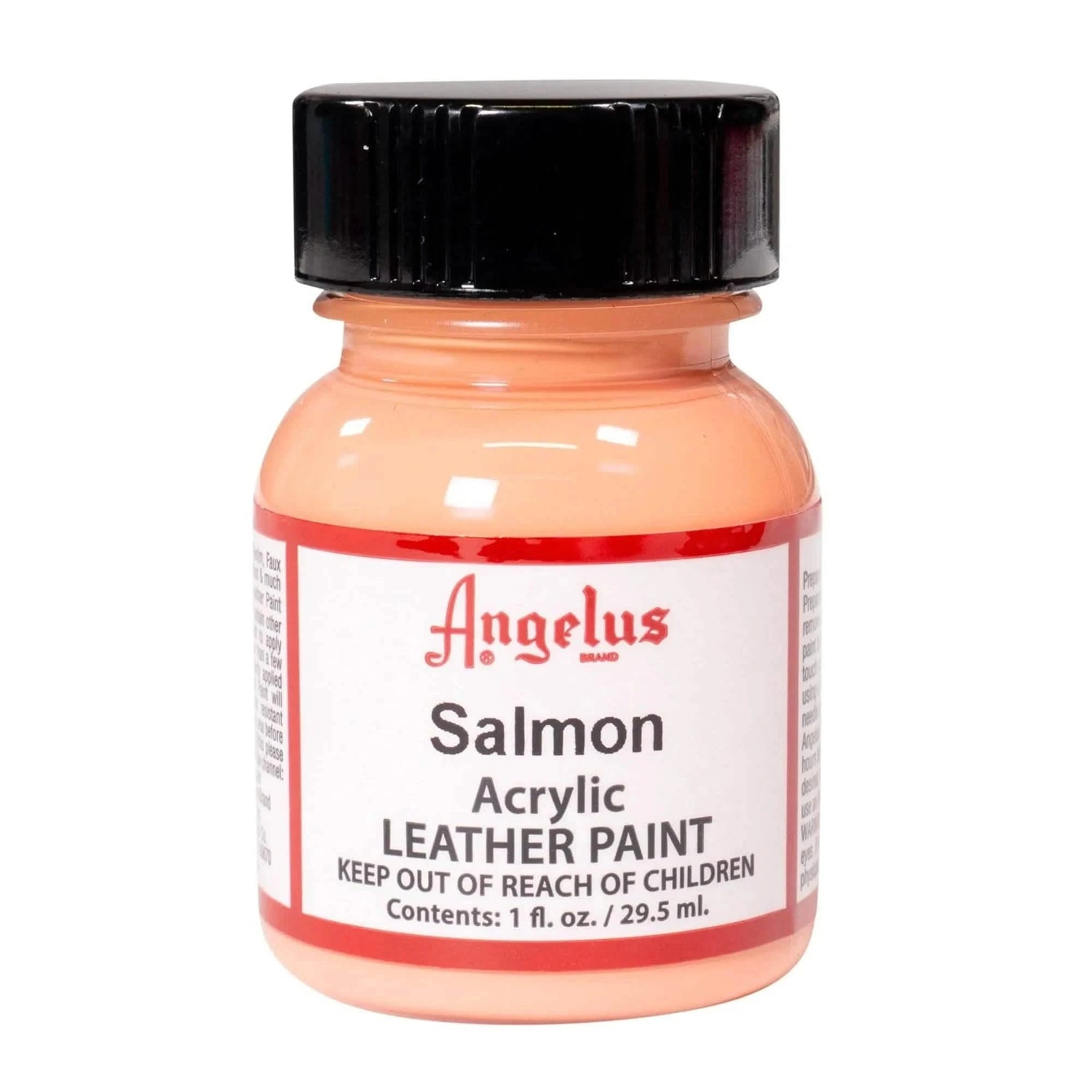 Technical view of a bottle of Angelus Salmon Acrylic Leather Paint with professional gold labeling.