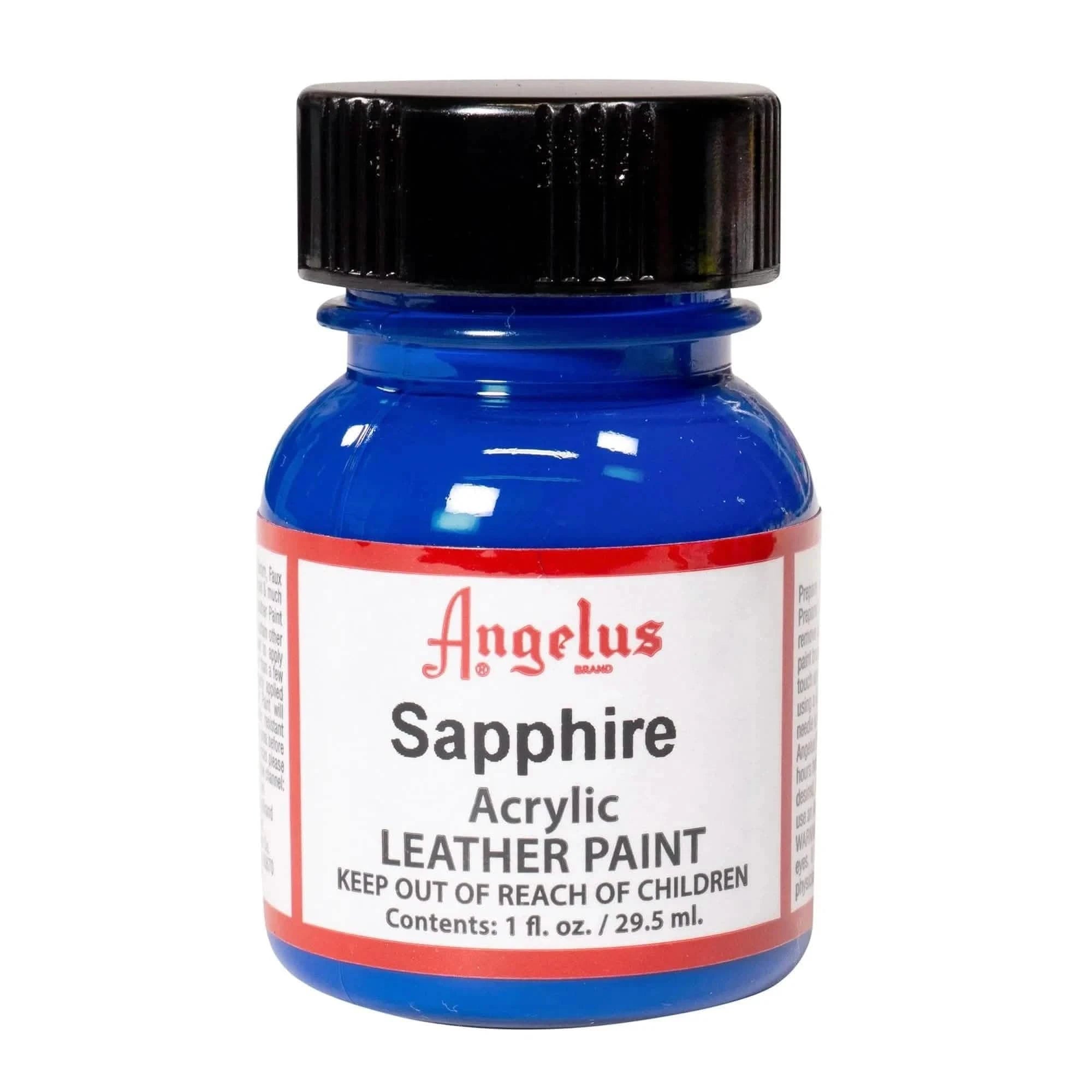 Technical view of a bottle of Angelus Sapphire Acrylic Leather Paint with professional gold labeling.