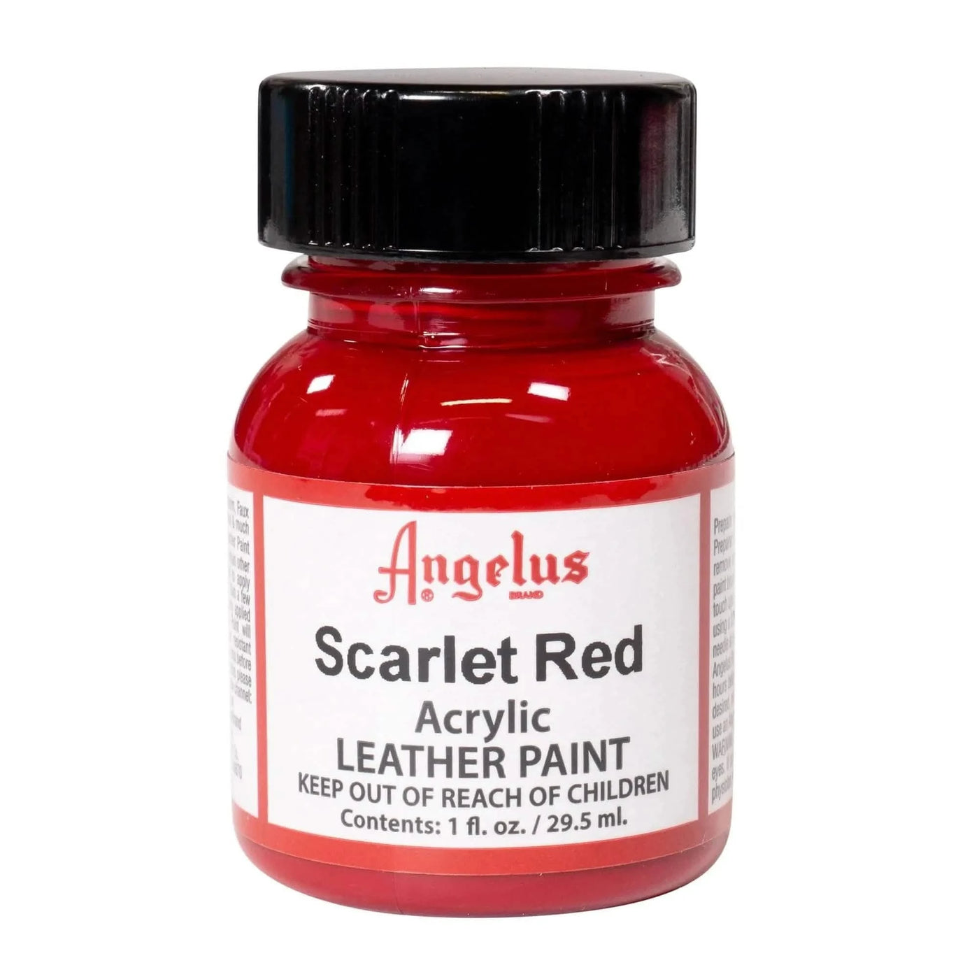 Technical view of a bottle of Angelus Scarlet Red Acrylic Leather Paint with professional gold labeling.
