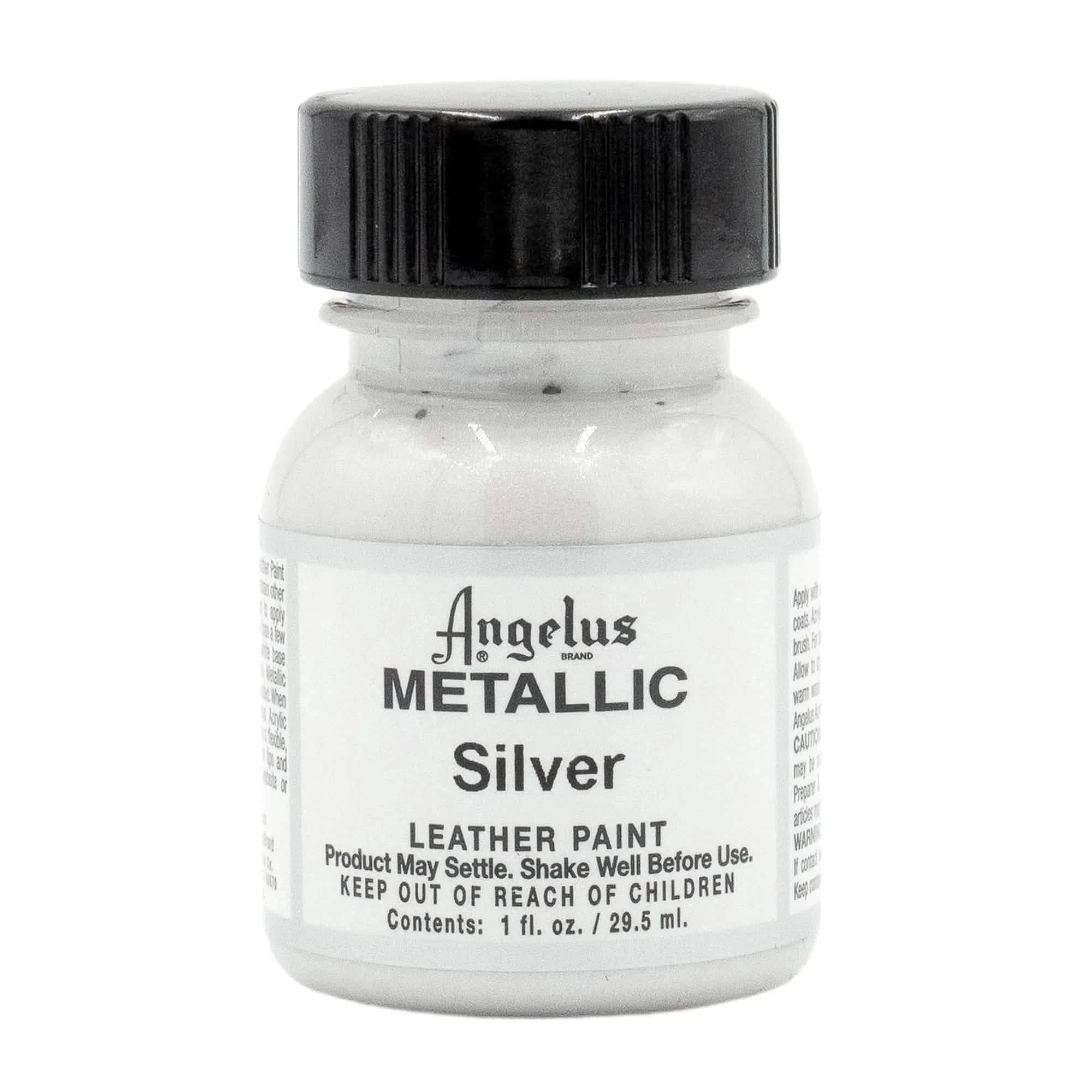 Front view of an Angelus Metallic Silver Leather Paint bottle with a metallic-flecked gold label.