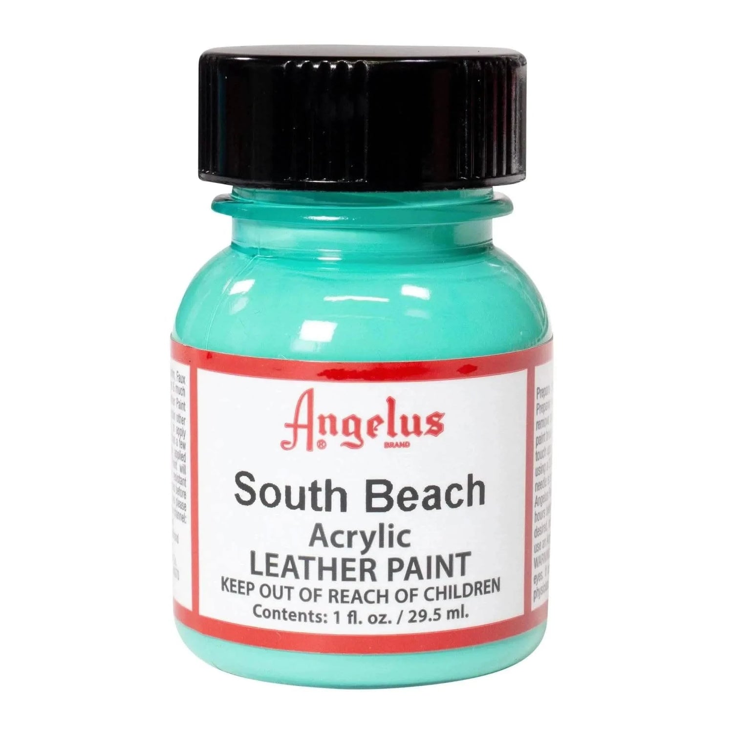 Technical view of a bottle of Angelus South Beach Acrylic Leather Paint with professional gold labeling.