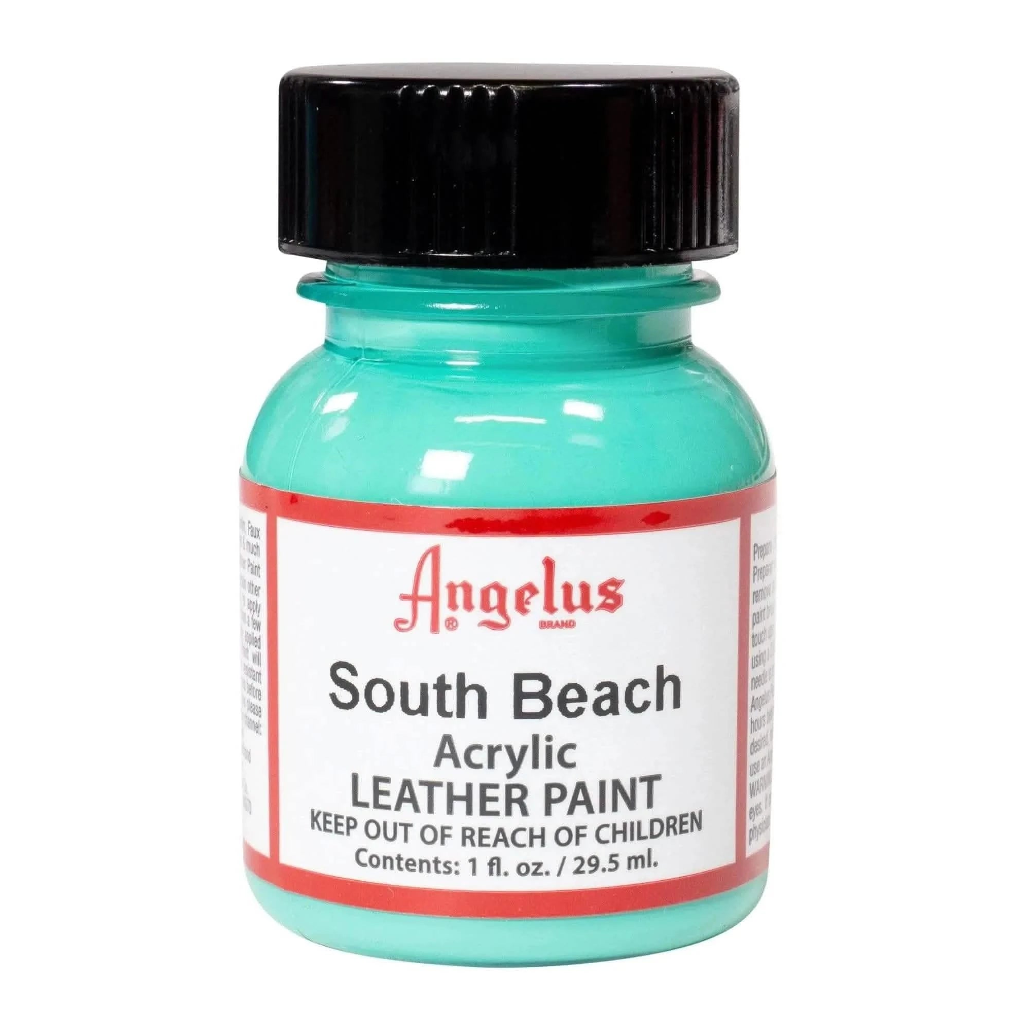 Technical view of a bottle of Angelus South Beach Acrylic Leather Paint with professional gold labeling.