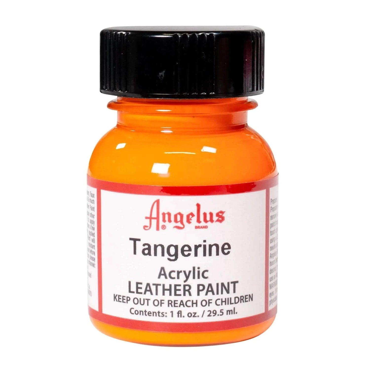 Technical view of a bottle of Angelus Tangerine Acrylic Leather Paint with professional gold labeling.