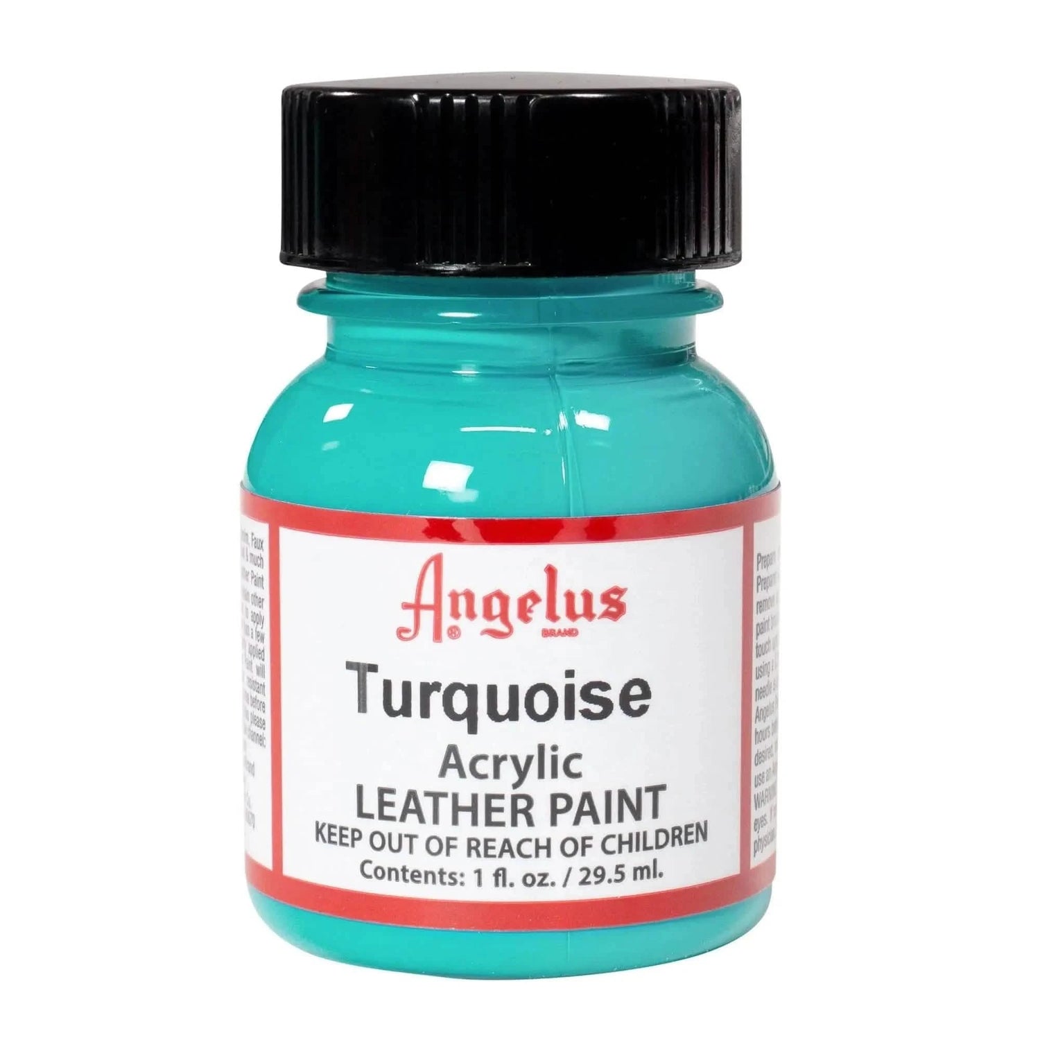 Technical view of a bottle of Angelus Turquoise Acrylic Leather Paint with professional gold labeling.