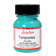 Technical view of a bottle of Angelus Turquoise Acrylic Leather Paint with professional gold labeling.