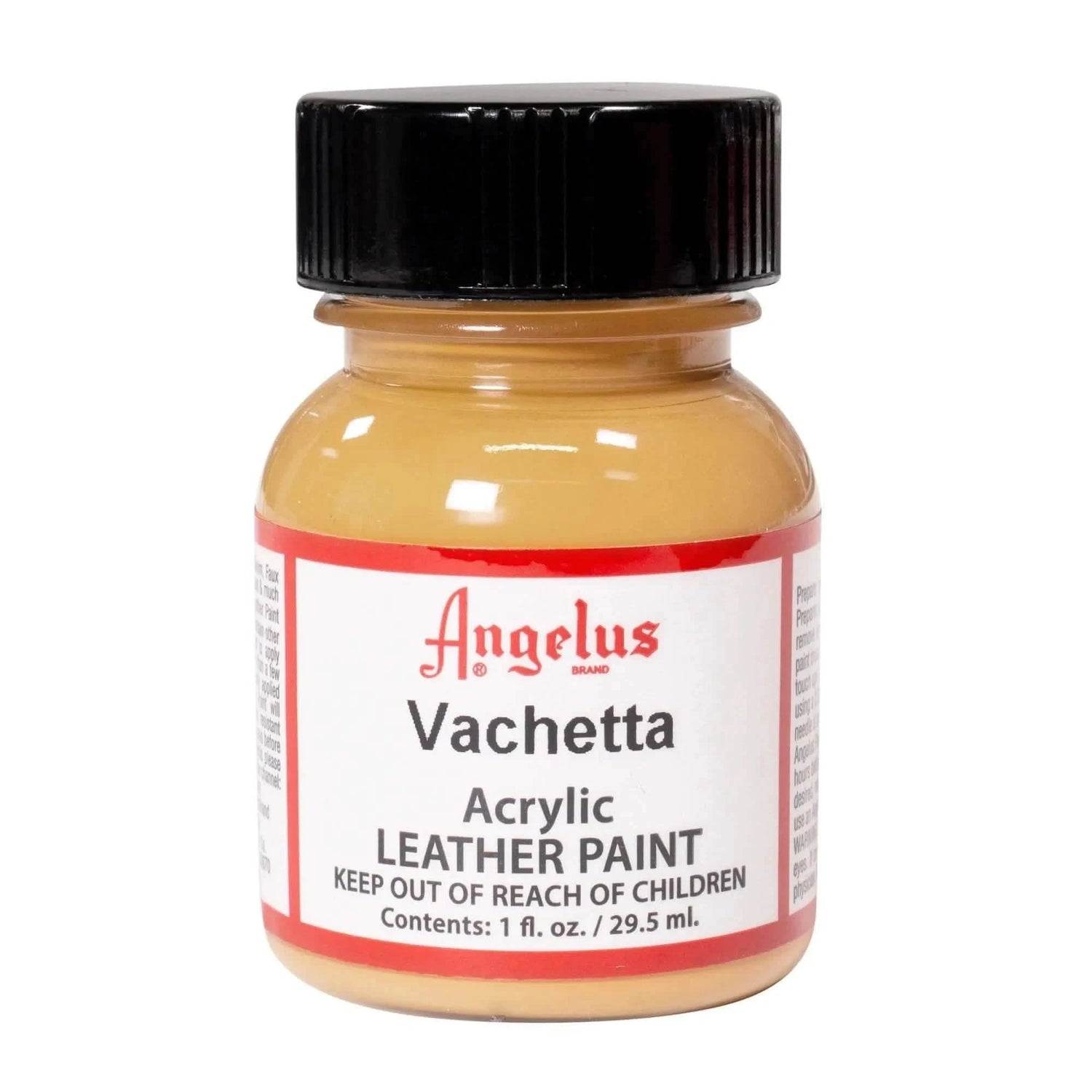 Technical view of a bottle of Angelus Vachetta Acrylic Leather Paint with professional gold labeling.