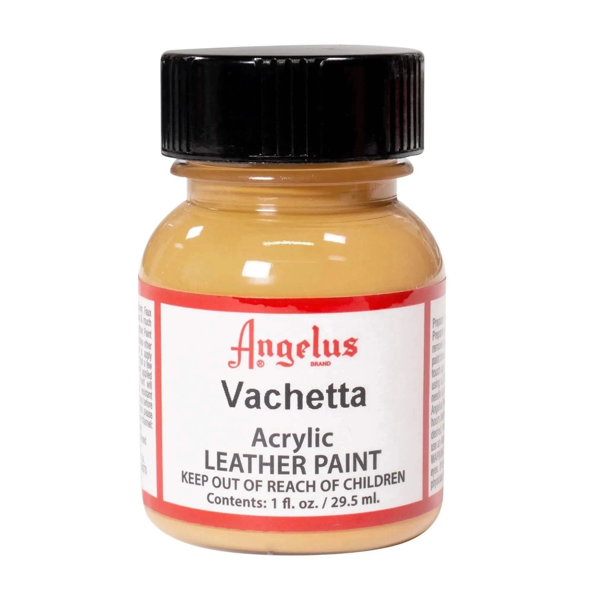 Technical view of a bottle of Angelus Vachetta Acrylic Leather Paint with professional gold labeling.