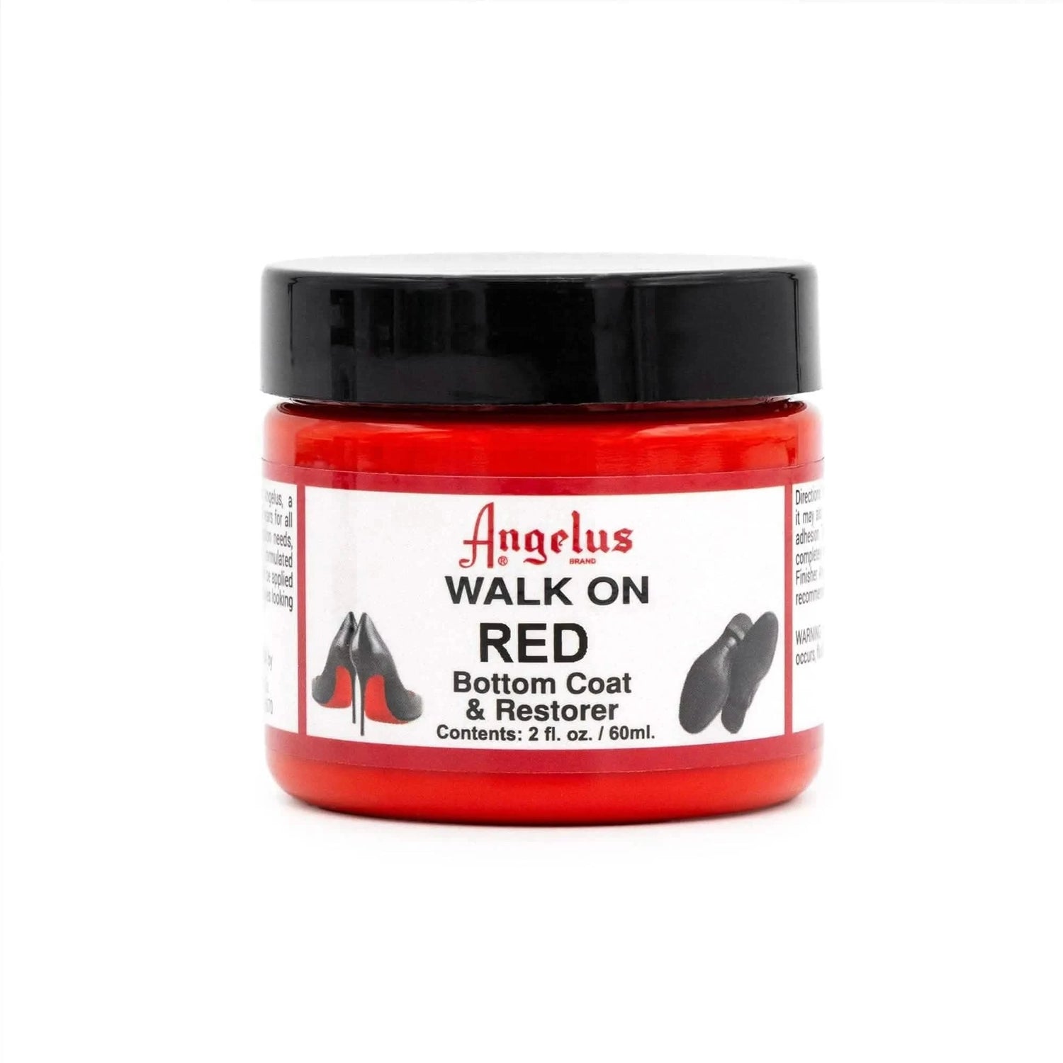 Technical view of a 2 oz. bottle of Angelus Walk on Red Bottom Coat featuring the specialized red and gold professional label.
