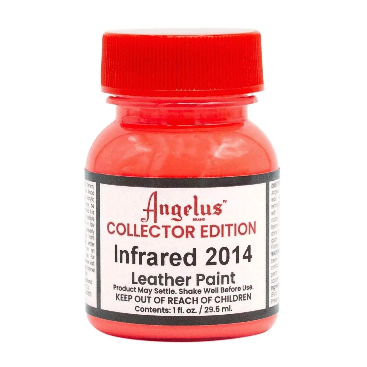 Technical view of a bottle of Angelus Infrared (2014) Collector Edition Acrylic Leather Paint with professional gold labeling.
