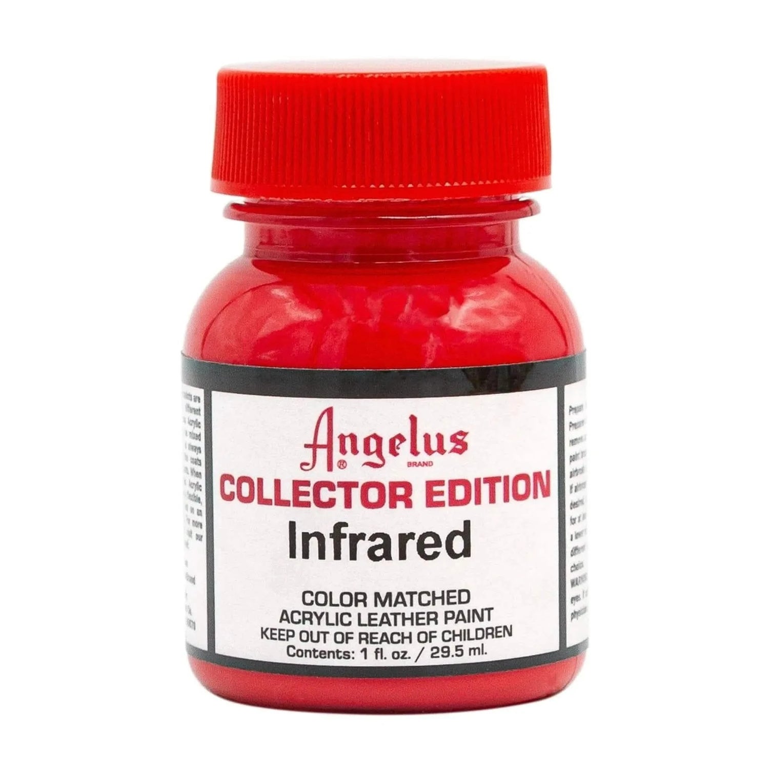 Technical view of a bottle of Angelus Infrared Collector Edition Acrylic Leather Paint with professional gold labeling.